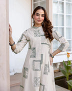 Yogurt White Mandarin Collar Patchwork Inspired Ethnic Print A-Line Co-ords