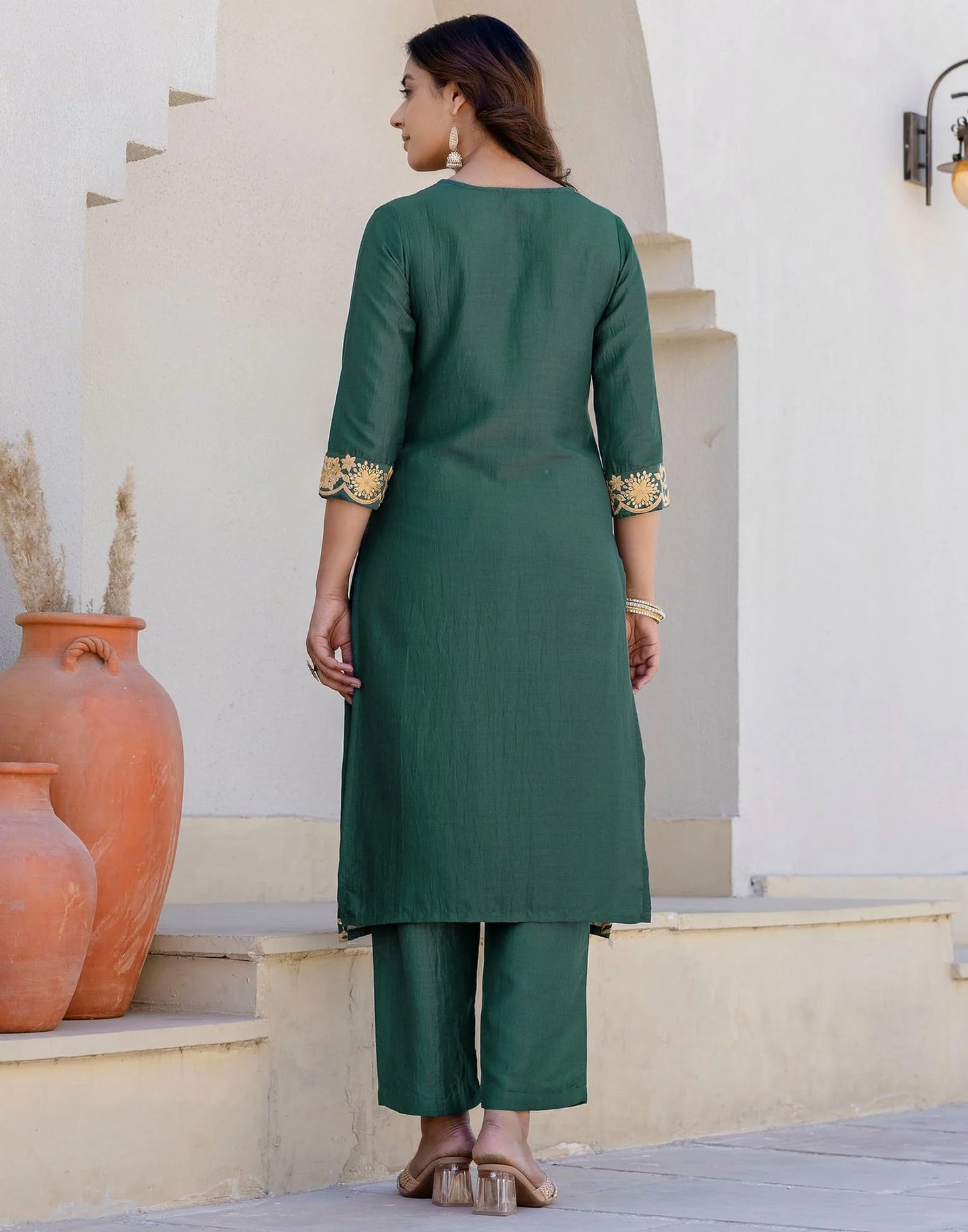 Silk Blend Embroidery, Sequin Work and Embroidery Lace Straight Kurta with Pant & Dupatta