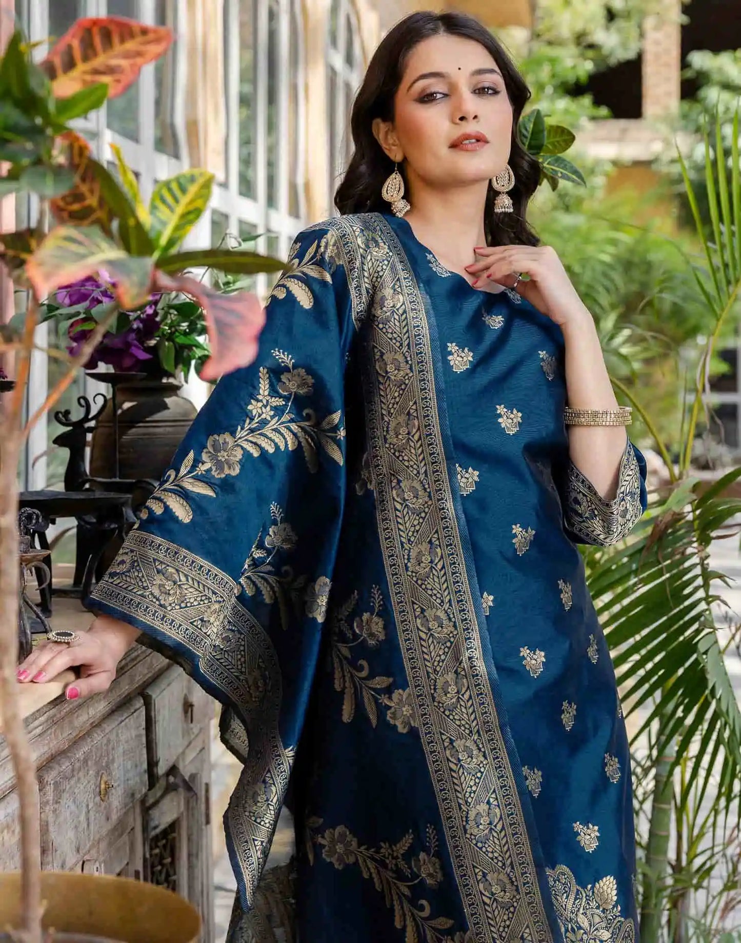 Affordable Silk Blend Kurta Set for Women in Blue Weaving Straight Kurta with Pant & Dupatta