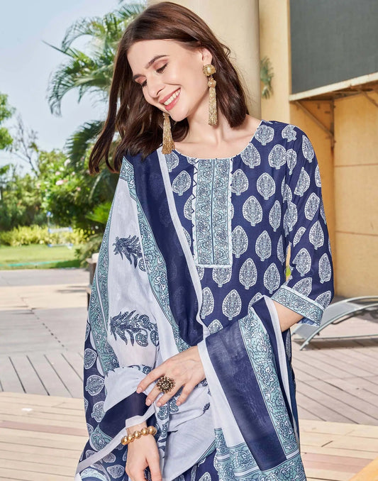 Stylish Dark Blue Rayon Floral Kurta Set with dupatta 