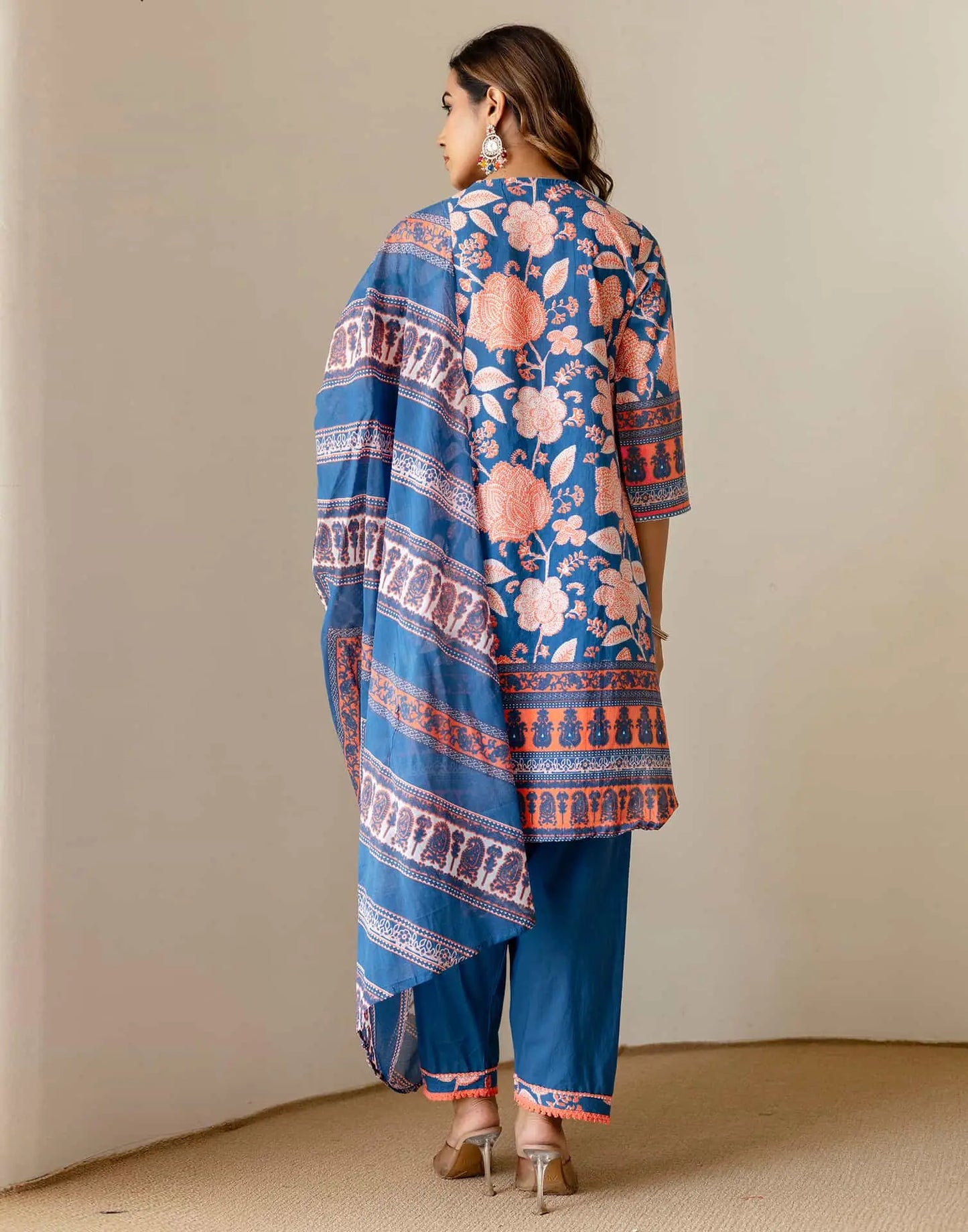 Affordable Blue Cotton Printed Straight Kurta Set with Patiala & Dupatta under 999