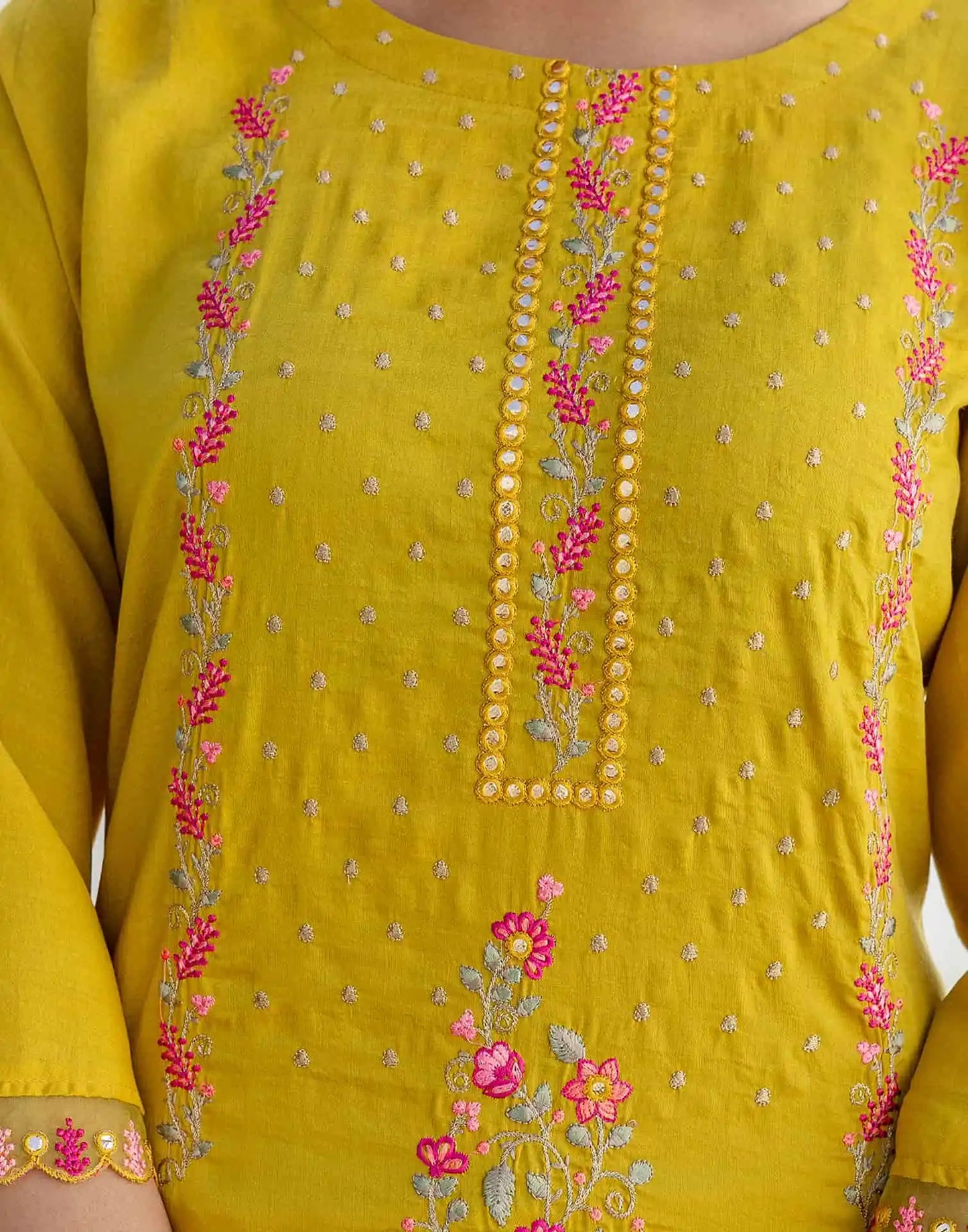 Yellow Silk Blend Embroidery and Mirror Work Straight Kurta Set for Women with Pant & Dupatta