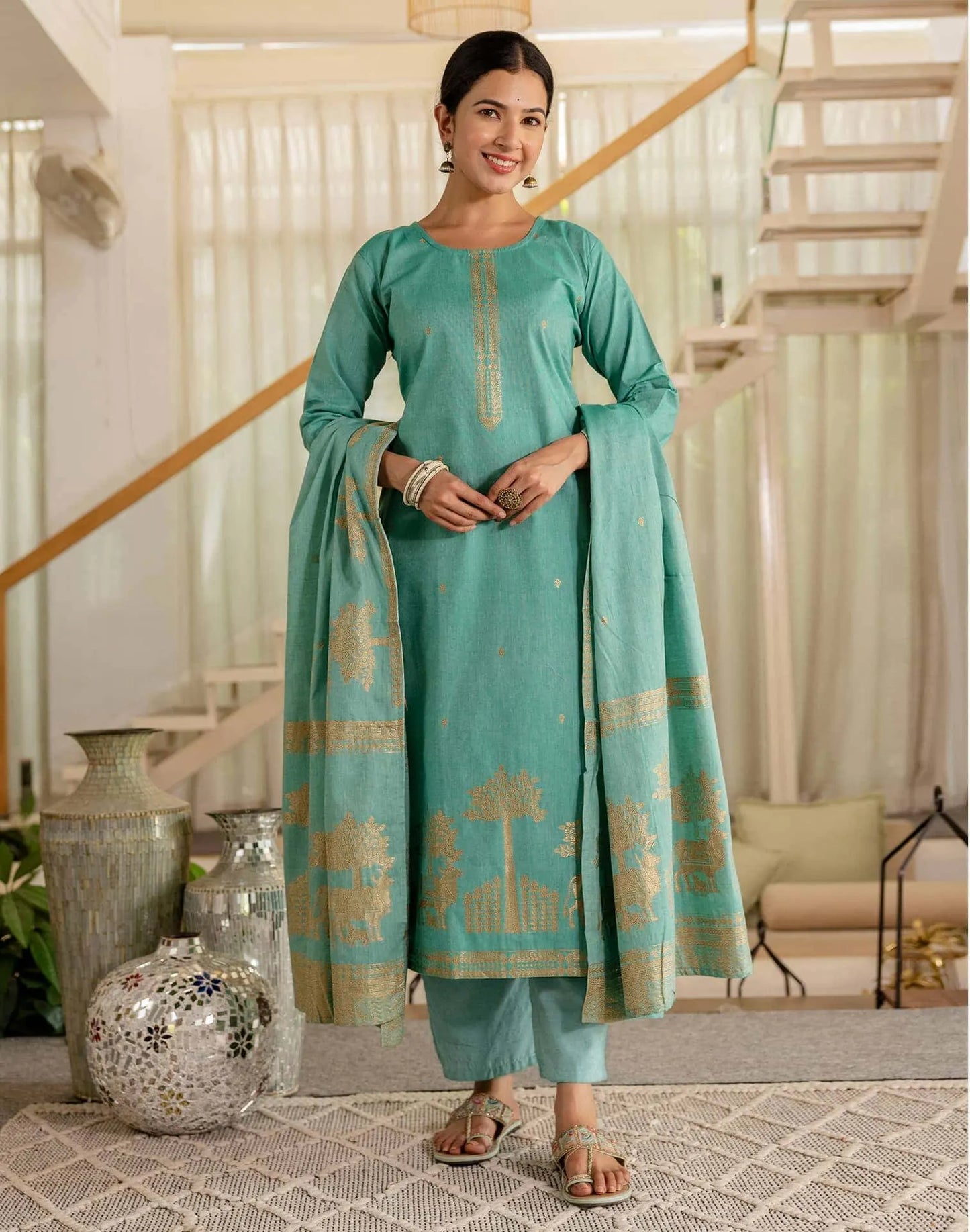 Cotton Weaving Straight Kurta with Pant & Dupatta