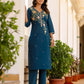 Skylee Blue Cotton Embroidered Straight Kurta Set for Women