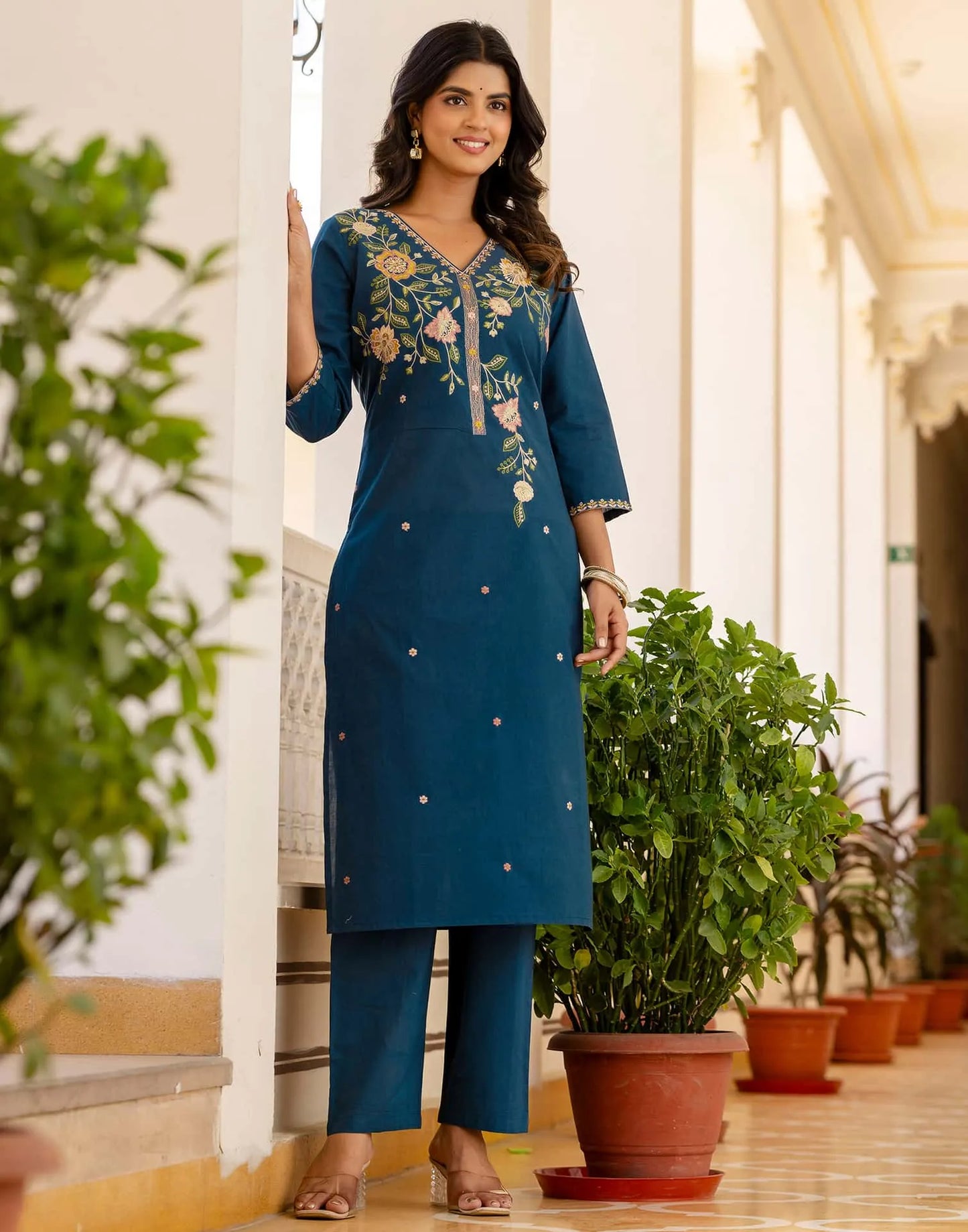 Skylee Blue Cotton Embroidered Straight Kurta Set for Women