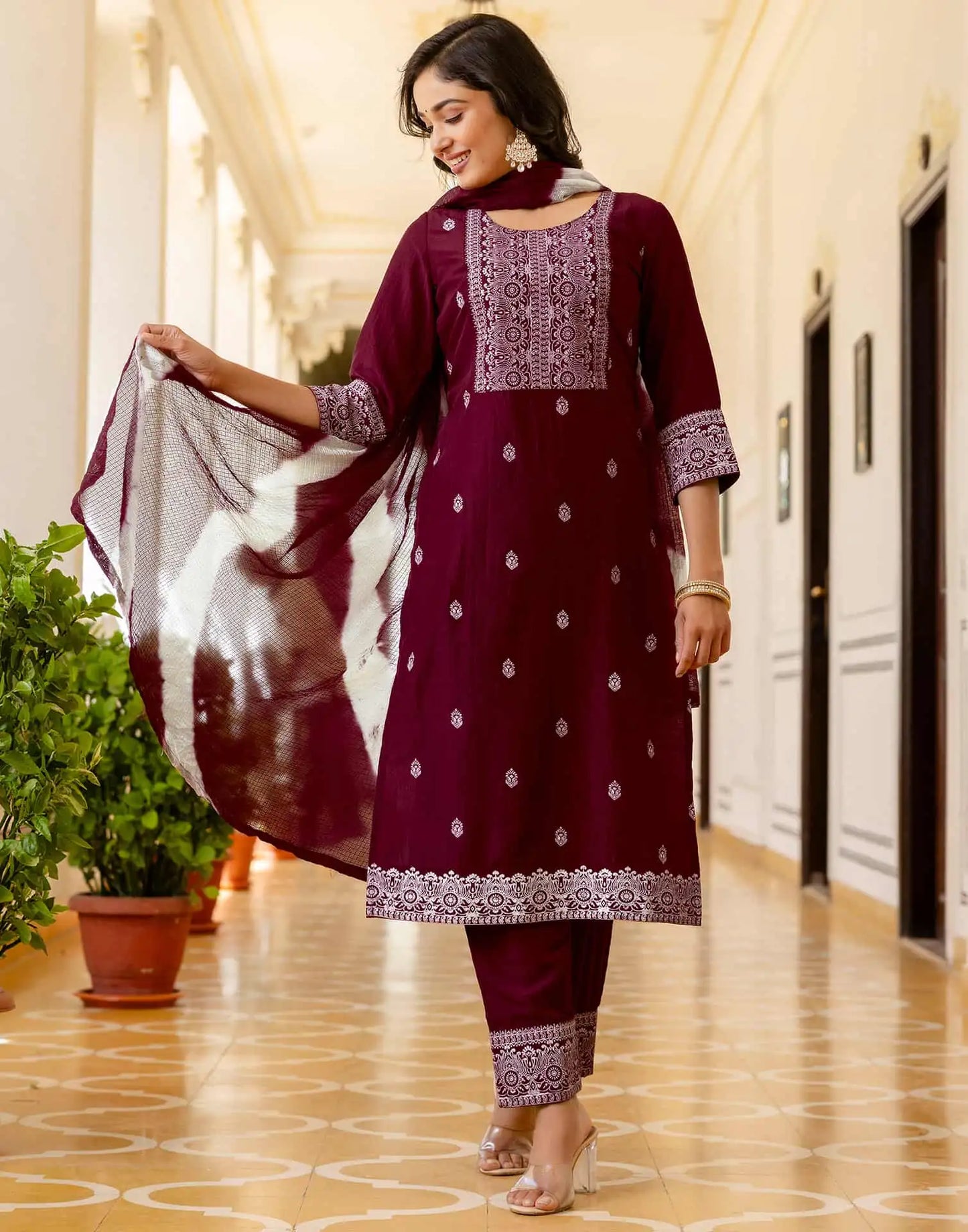 Silk Blend Pigment Printed and Printed Lace Straight Kurta with Pant & Dupatta