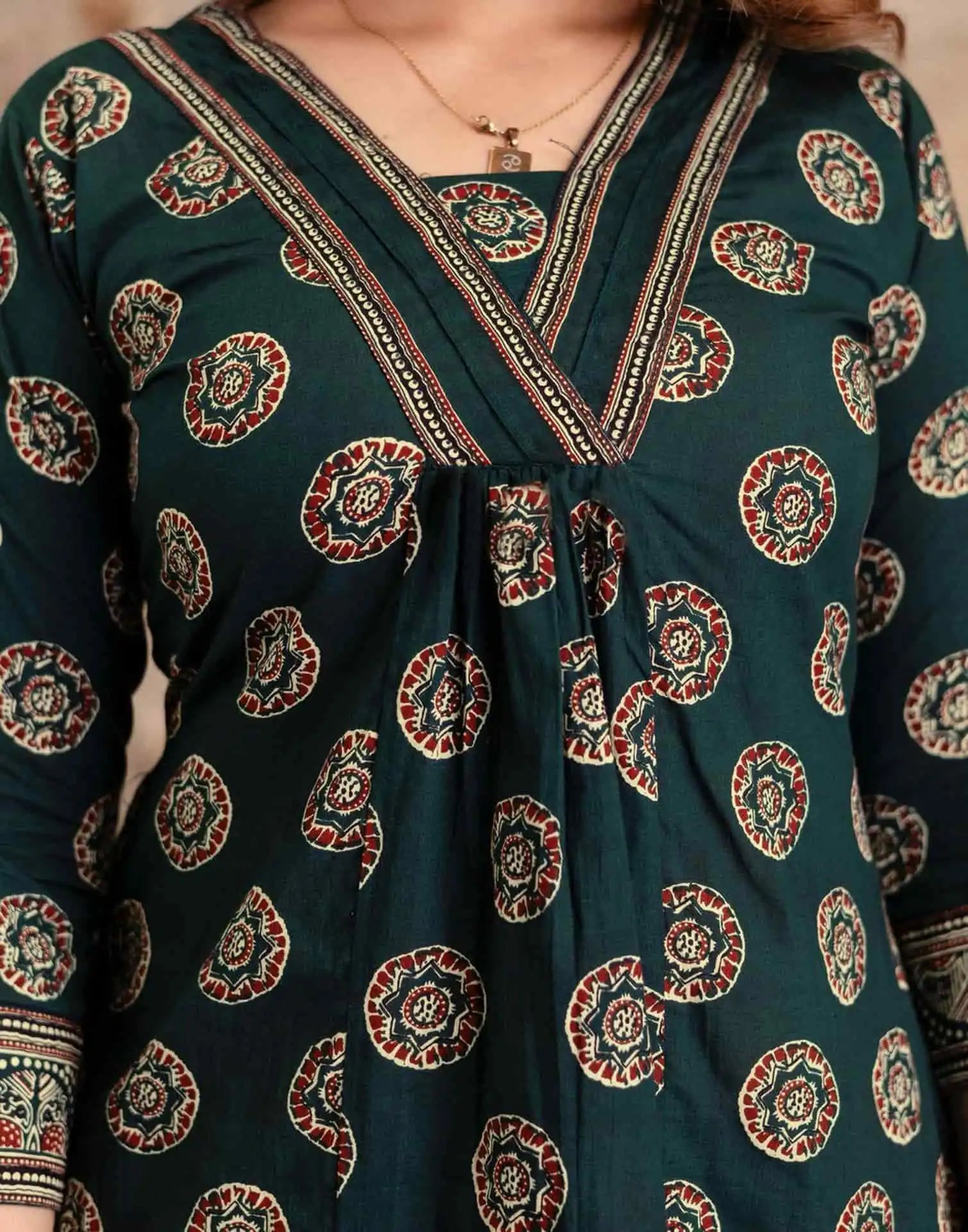 Green Cotton Printed V-Neck Kurta Set with Pant & Dupatta Affordable Ethnic Casual Wear