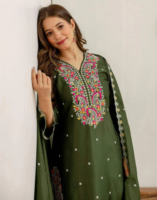 Green Silk Embroidered Straight Kurta Set with Pant and Dupatta for Women under 1299