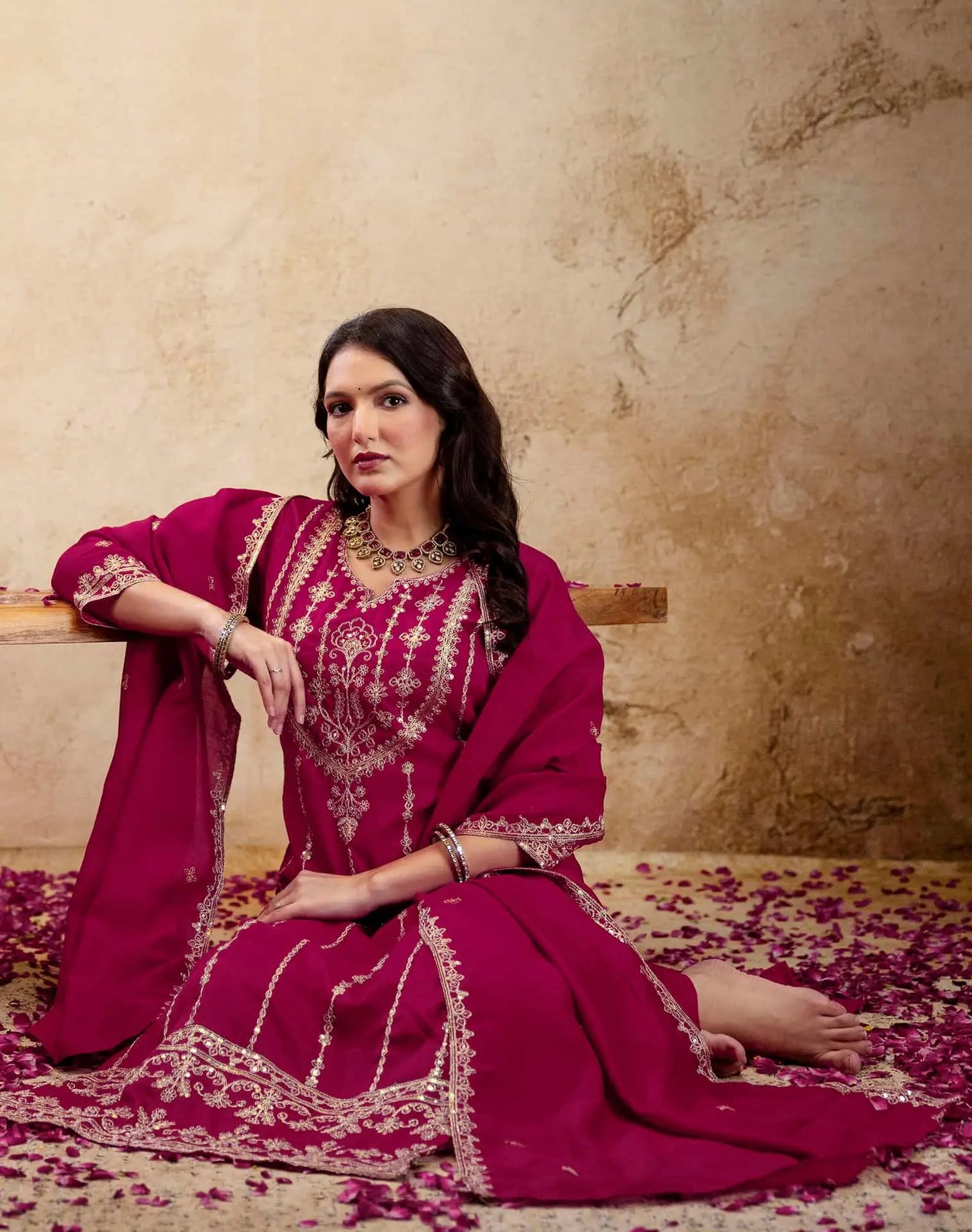 Pink Silk Embroidered Kurta Set with Pant & Dupatta 