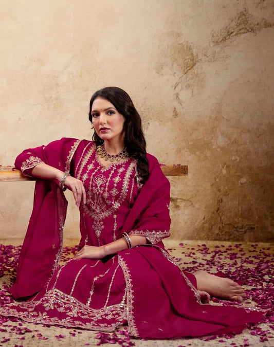 Pink Silk Embroidered Kurta Set with Pant & Dupatta 