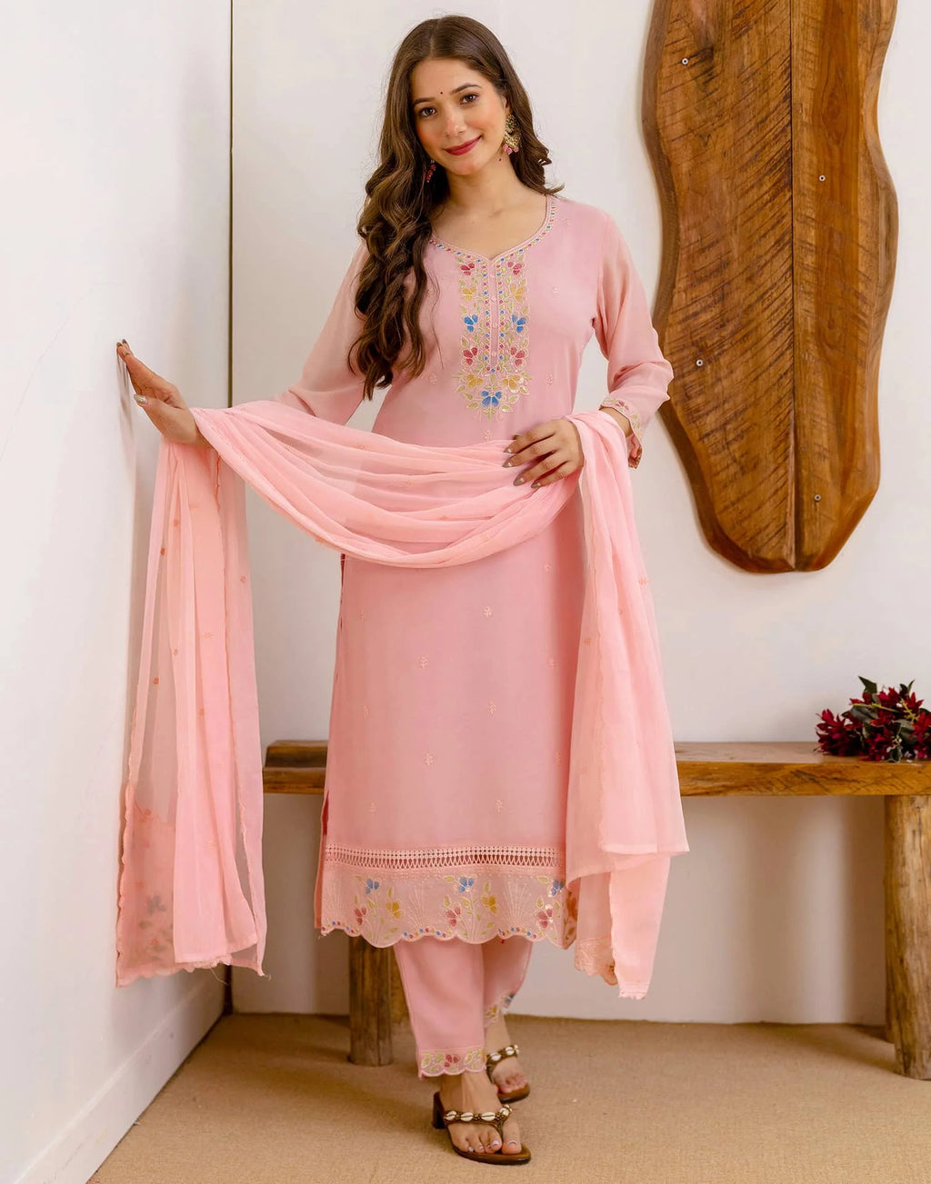 Skylee Georgette Embroidered Straight 3 Piece Kurta Set For Woman