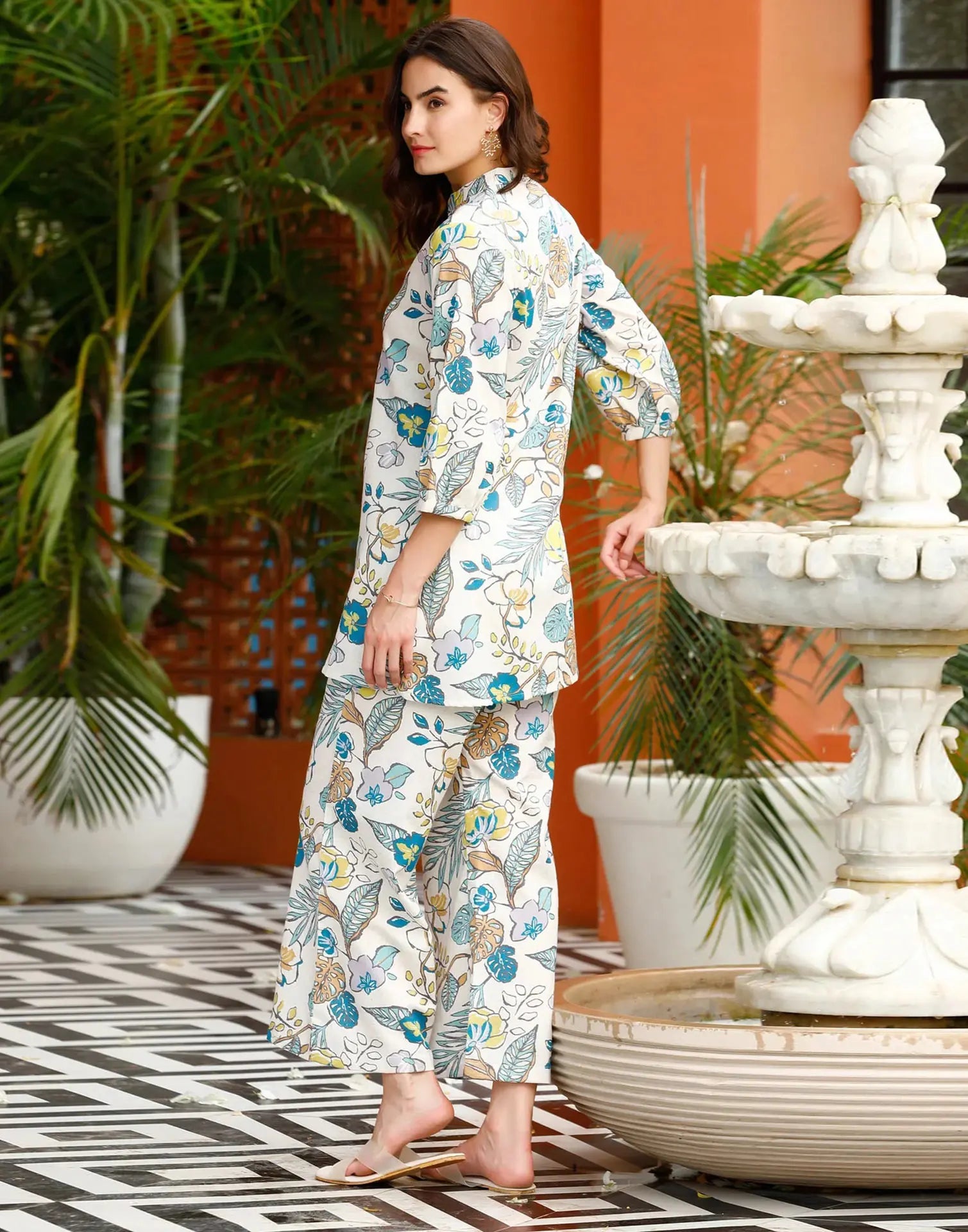 Rayon Printed Mandarin Collar Co-ord Set