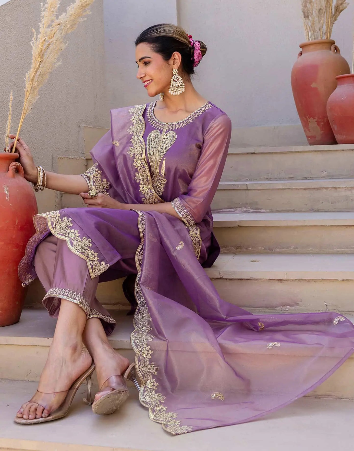 Affordable Ethnic Wear Purple Net Sequins Embroidered Kurta Set with Lace, Pant & Dupatta