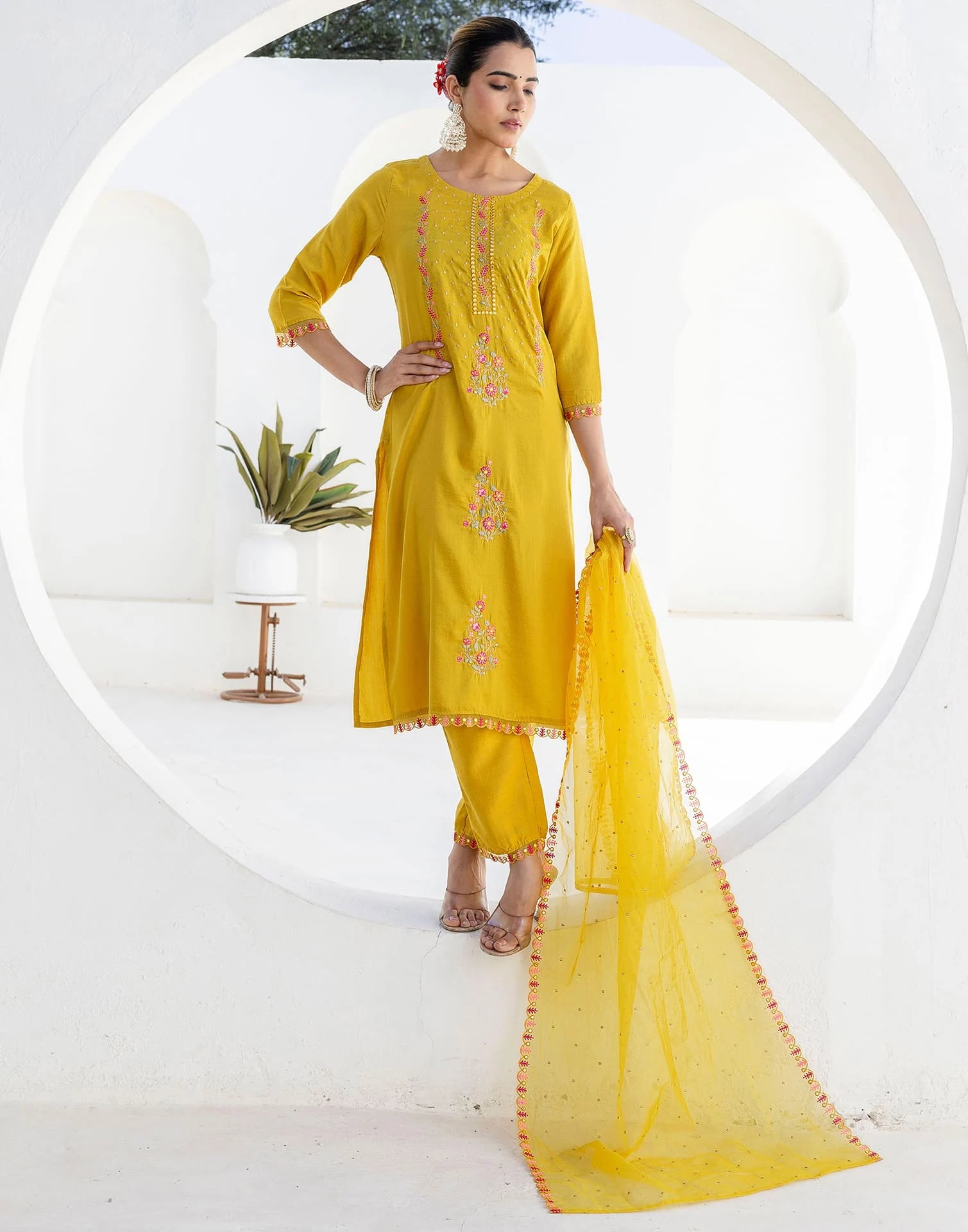 Yellow Silk Blend Embroidery and Mirror Work Straight Kurta Set for Women with Pant & Dupatta