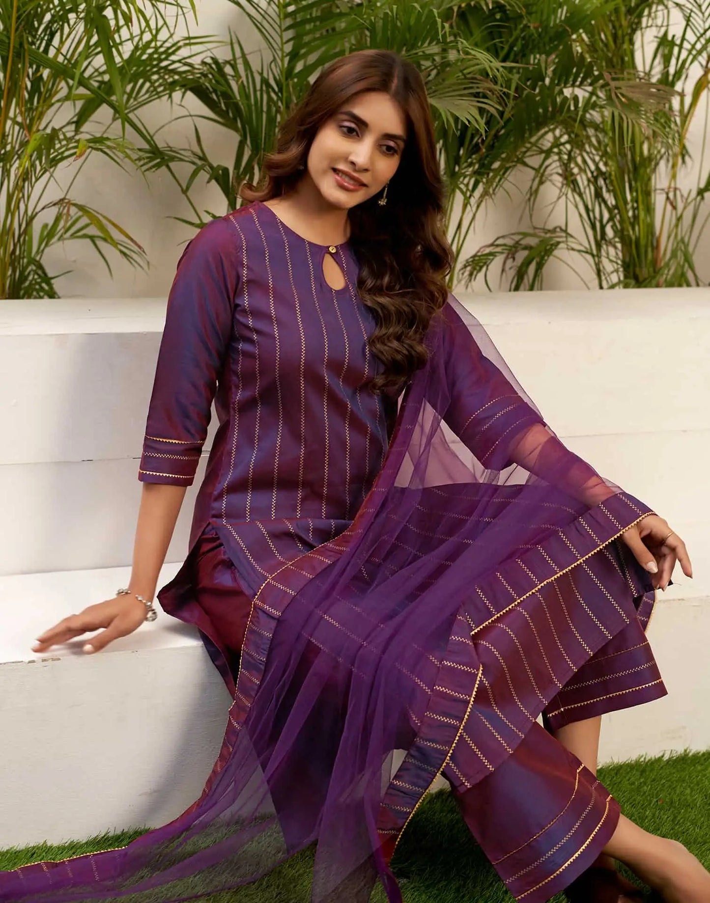 Silk Blend Foil Print and Lace Straight Kurta with Pant & Dupatta
