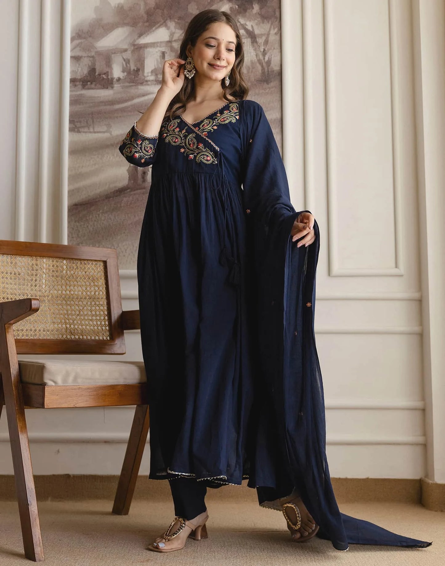 Affordable Blue Cotton Embroidered Anarkali Kurti Set