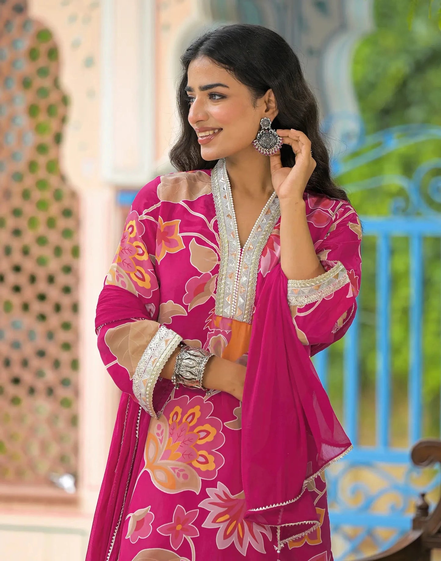 Crepe Printed V-Neck Straight Kurta with Pant & Dupatta