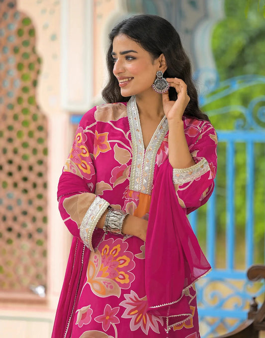 Crepe Printed V-Neck Straight Kurta with Pant & Dupatta