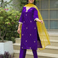 Affordable Purple Silk Embroidered Straight Kurta Set V-Neck Silk Kurti with Pant & Dupatta
