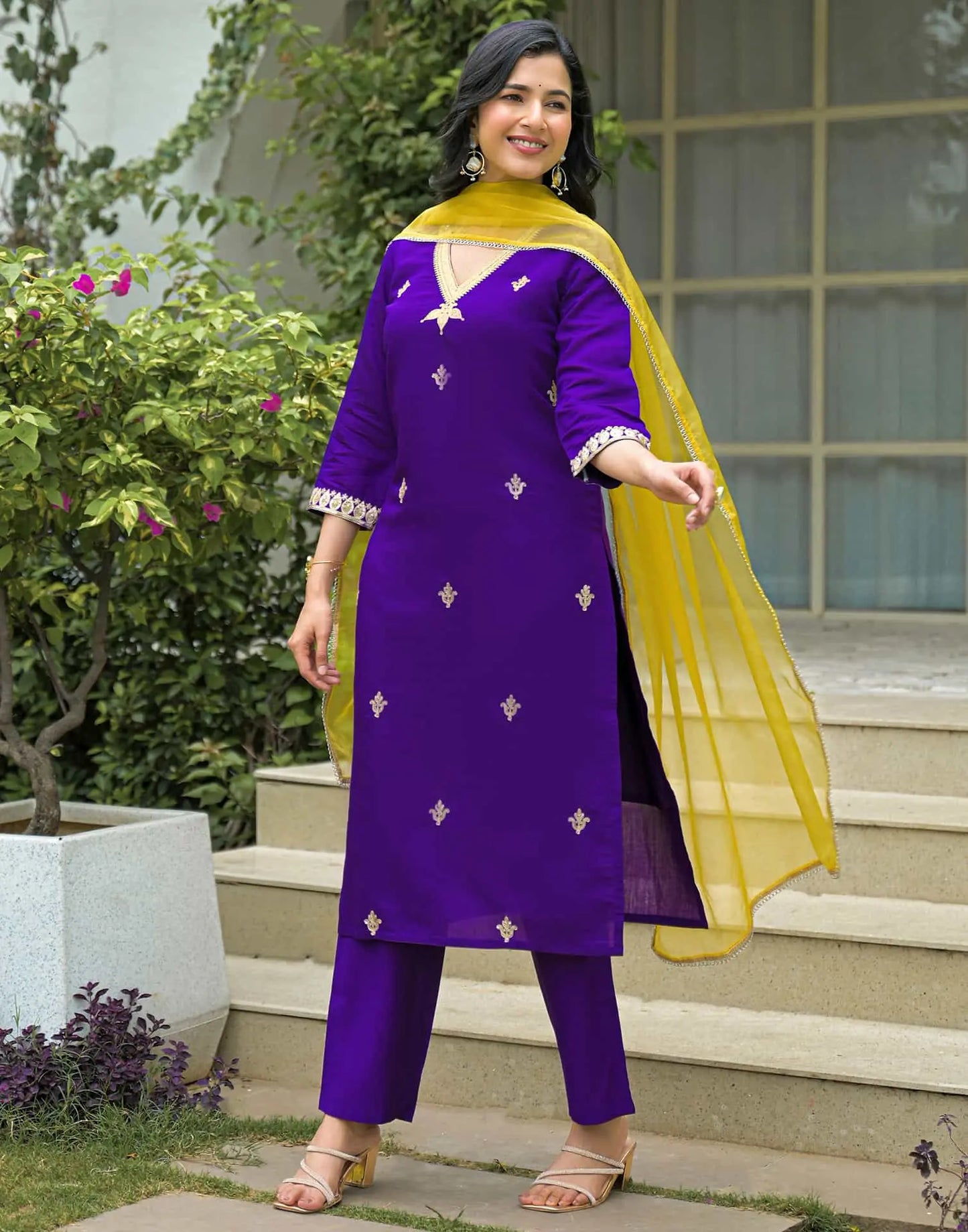 Affordable Purple Silk Embroidered Straight Kurta Set V-Neck Silk Kurti with Pant & Dupatta