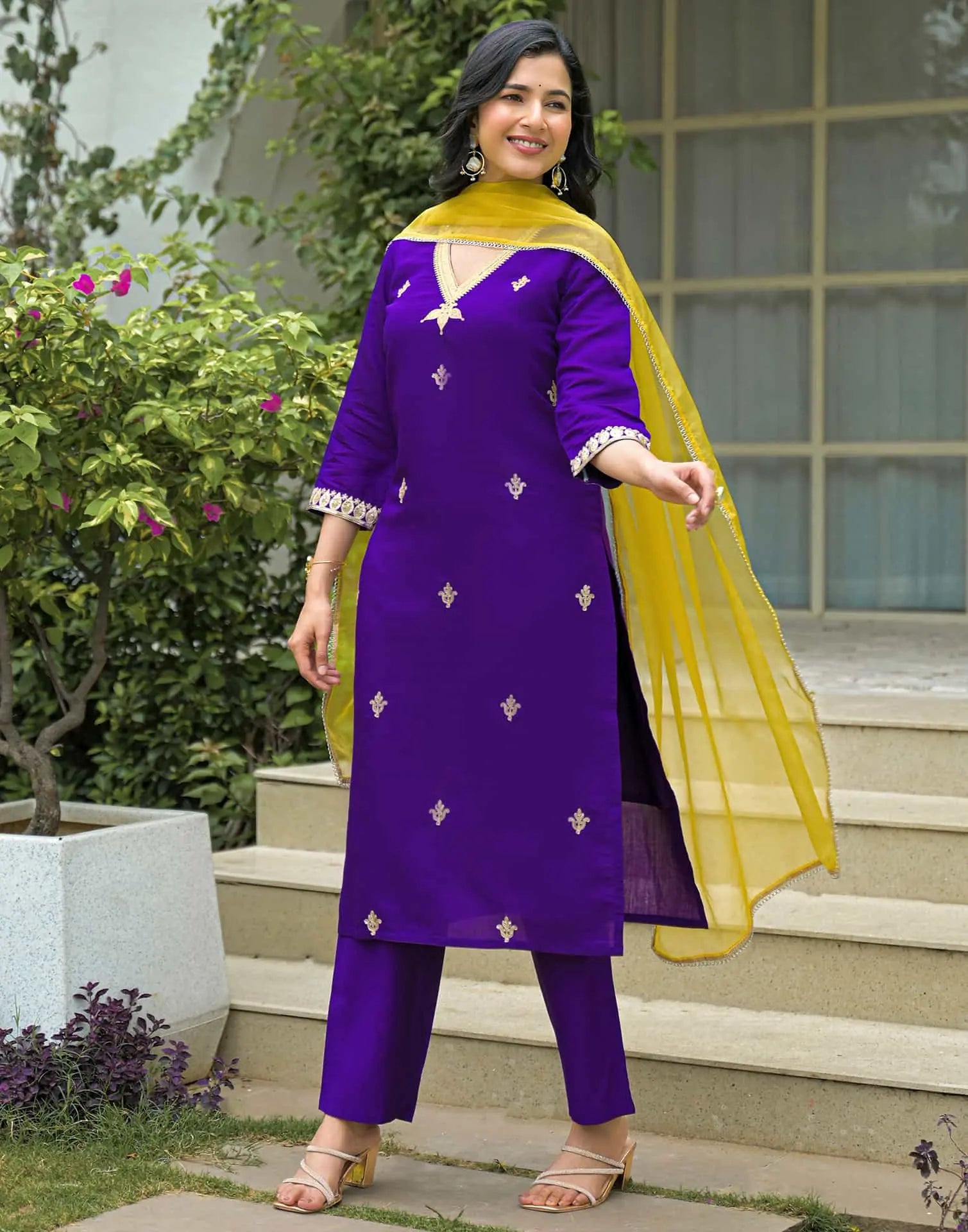 Affordable Purple Silk Embroidered Straight Kurta Set V-Neck Silk Kurti with Pant & Dupatta