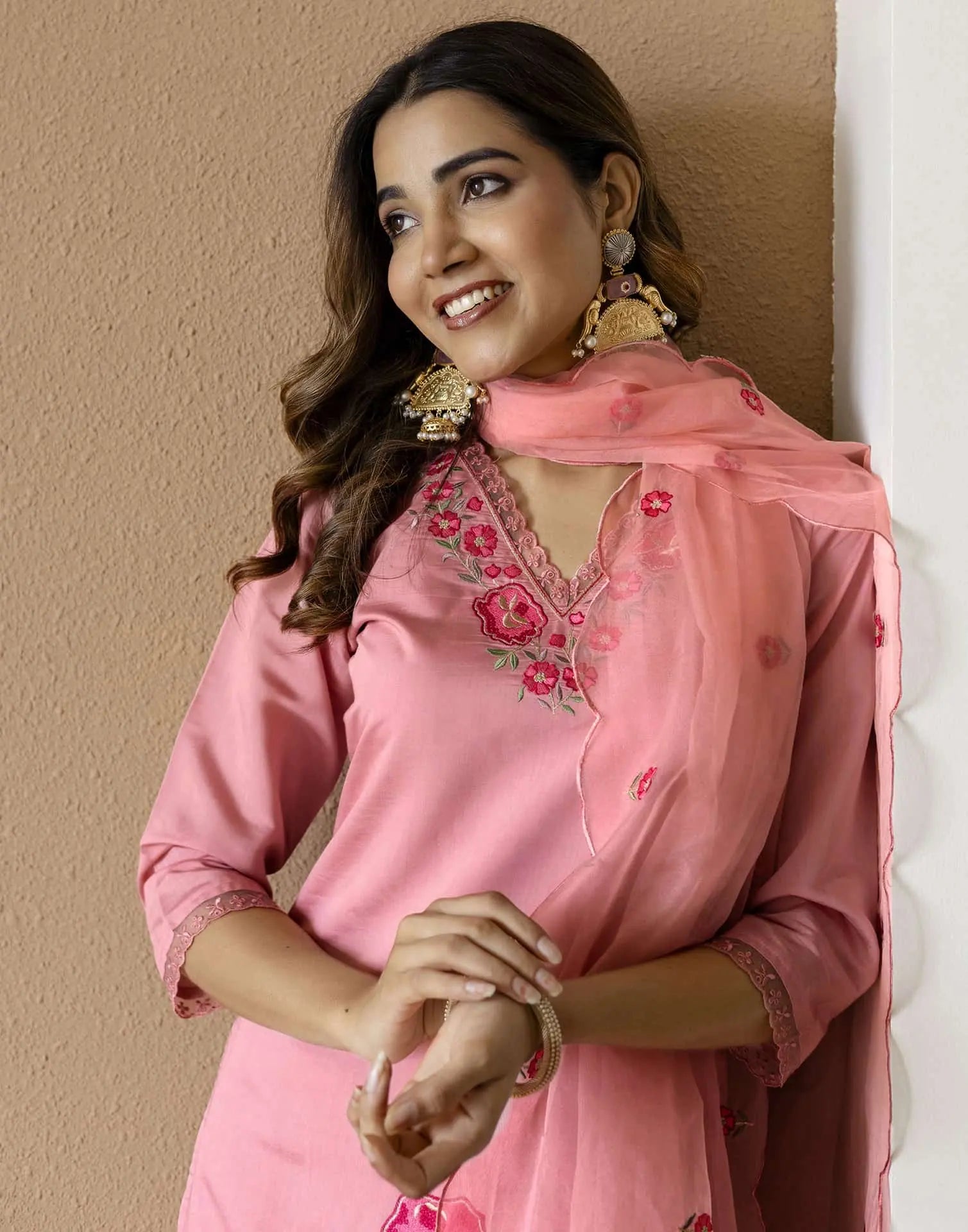 Pink Silk Blend Embroidered Straight Kurta Set for Women with Pant and Dupatta