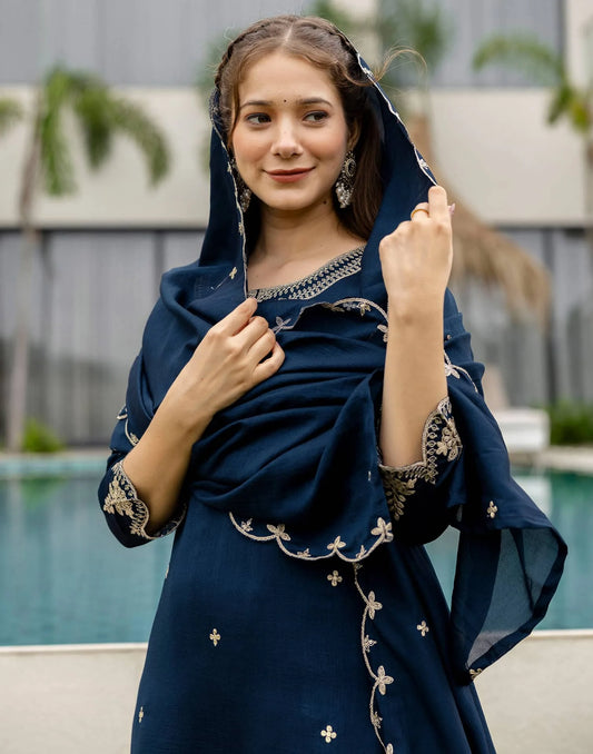 Silk Embroidered Straight Kurta with Pant & Dupatta