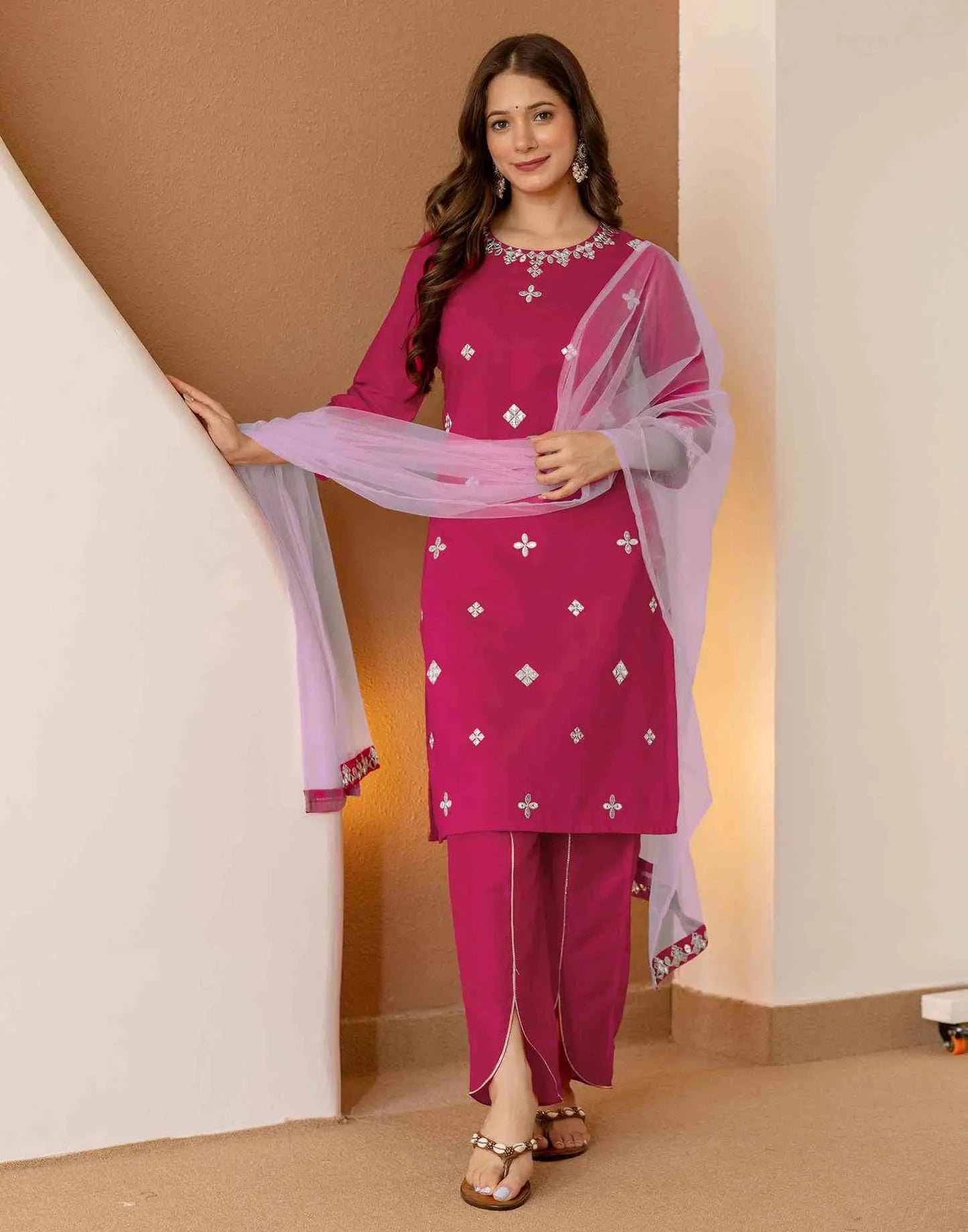 Chinnon Embroidered Straight Round Neck Kurta with Pant & Dupatta