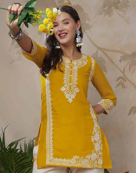 Georgette Chikankari Straight Round Neck Short Kurti