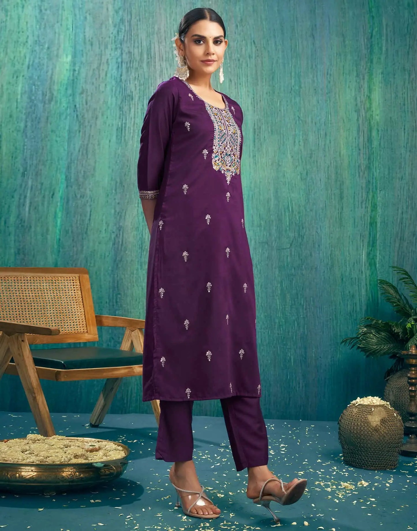 Silk Blend Embroidered Straight Kurta with Pant & Dupatta