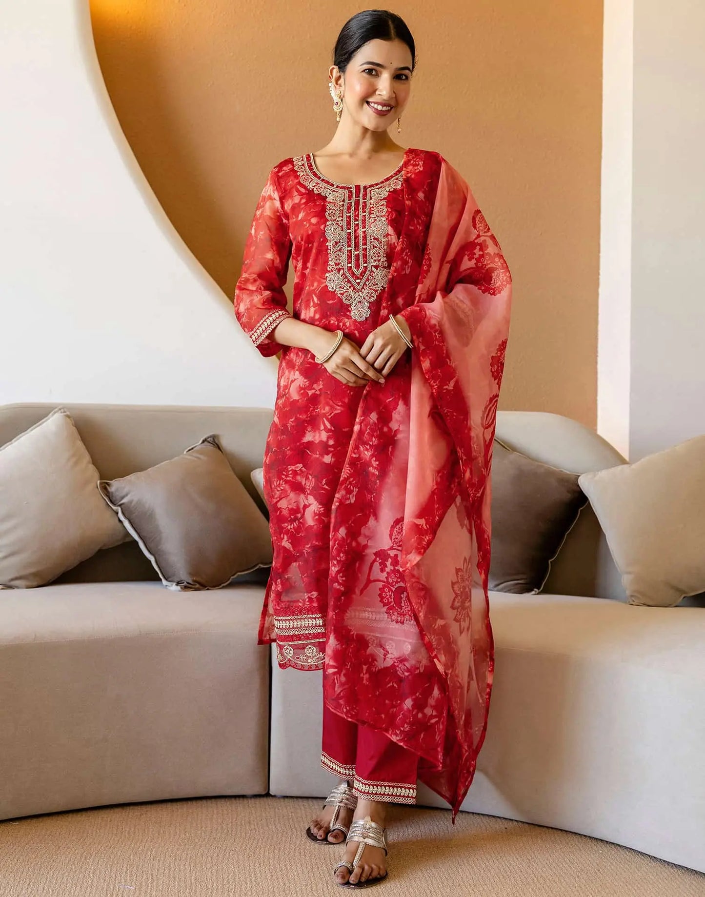 Red Organza Printed Straight Kurta Set with Pant & Dupatta for Women  Festive & Karwa Chauth Special