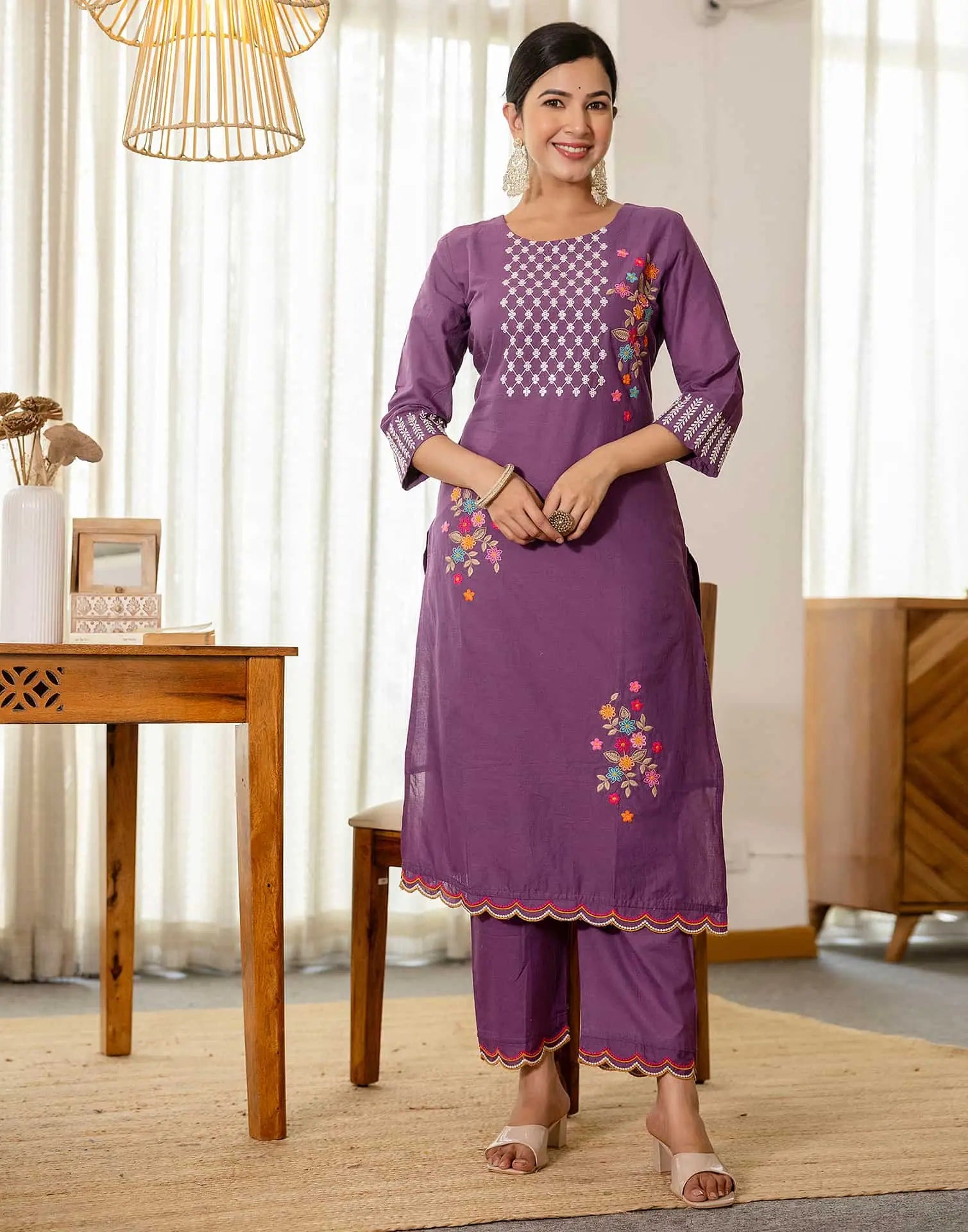 Skylee Purple Cotton Embroidered Straight Kurta with Pant & Dupatta