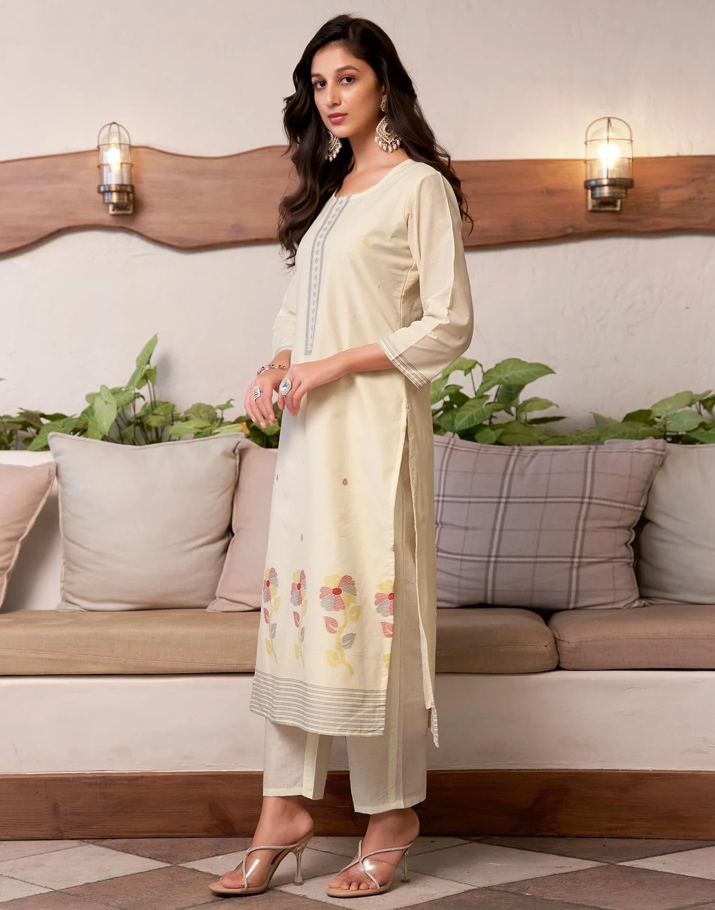 Cotton Solid and Jacquard A-Line Kurta with Pant & Dupatta
