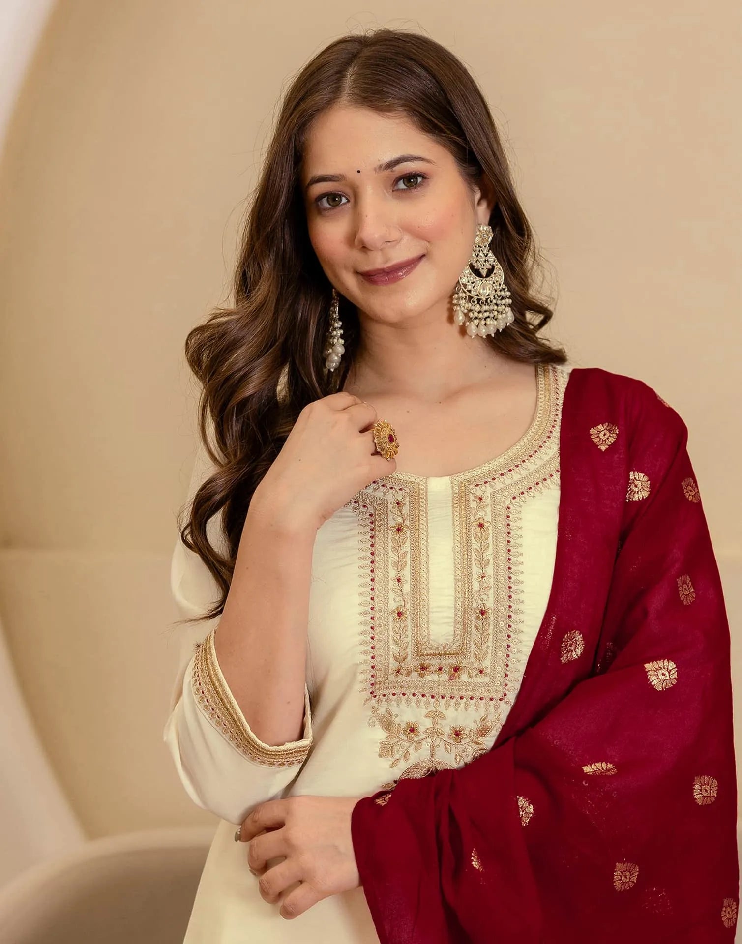 Affordable Beige Silk Embroidered Straight Kurta Set under 1299