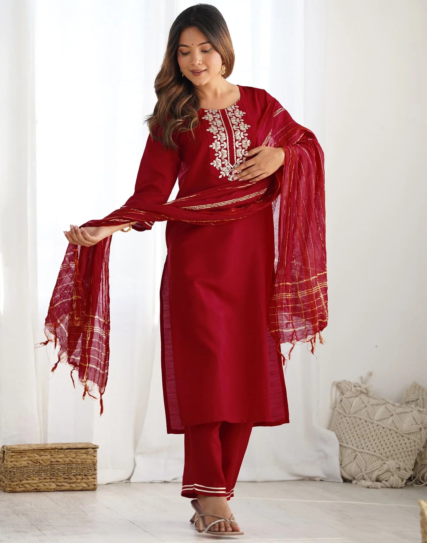 Cotton Blend Sequence, Embroidery and Lace Straight Kurta with Pant & Dupatta