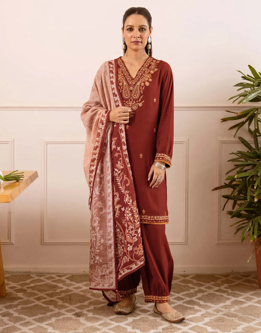 Rayon Straight Embroidery V-Neck Kurta with Pant & Dupatta