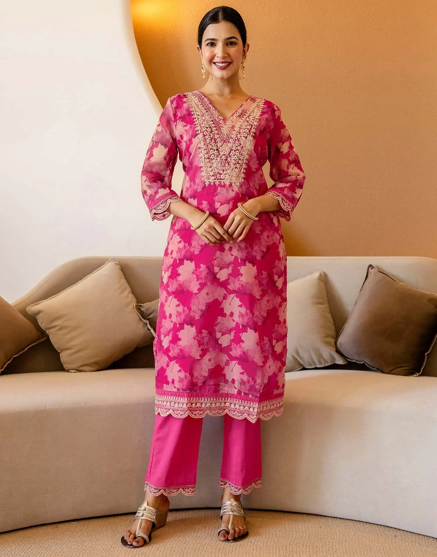 Pink Organza Printed Straight Kurta Set with Pant and Dupatta under 1299 