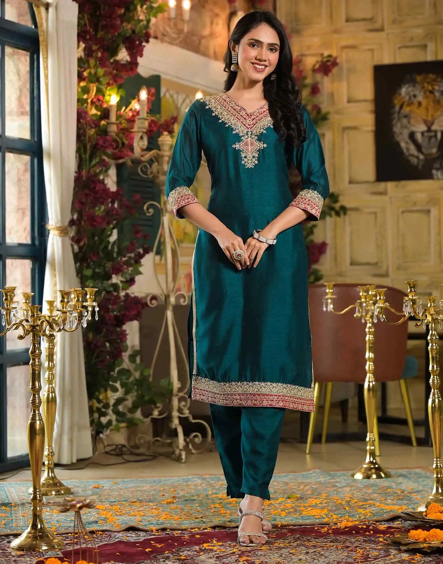 Blue Silk Embroidered Straight Kurta Set with Pant & Dupatta under 1250