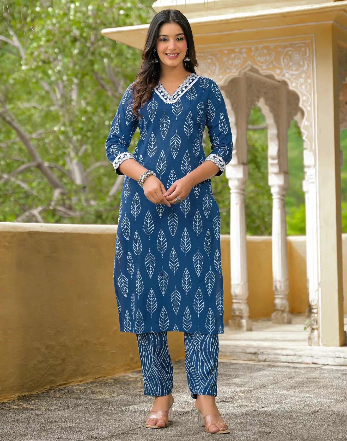 Cotton Printed V-Neck Straight Kurta with Pant & Dupatta