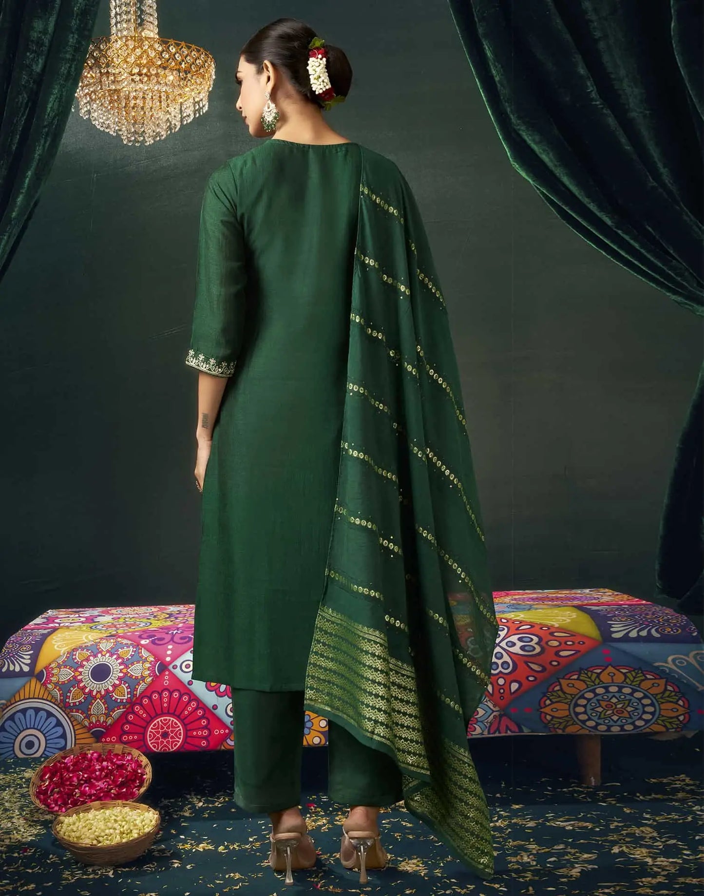Silk Blend Embroidered Straight Kurta with Pant & Dupatta