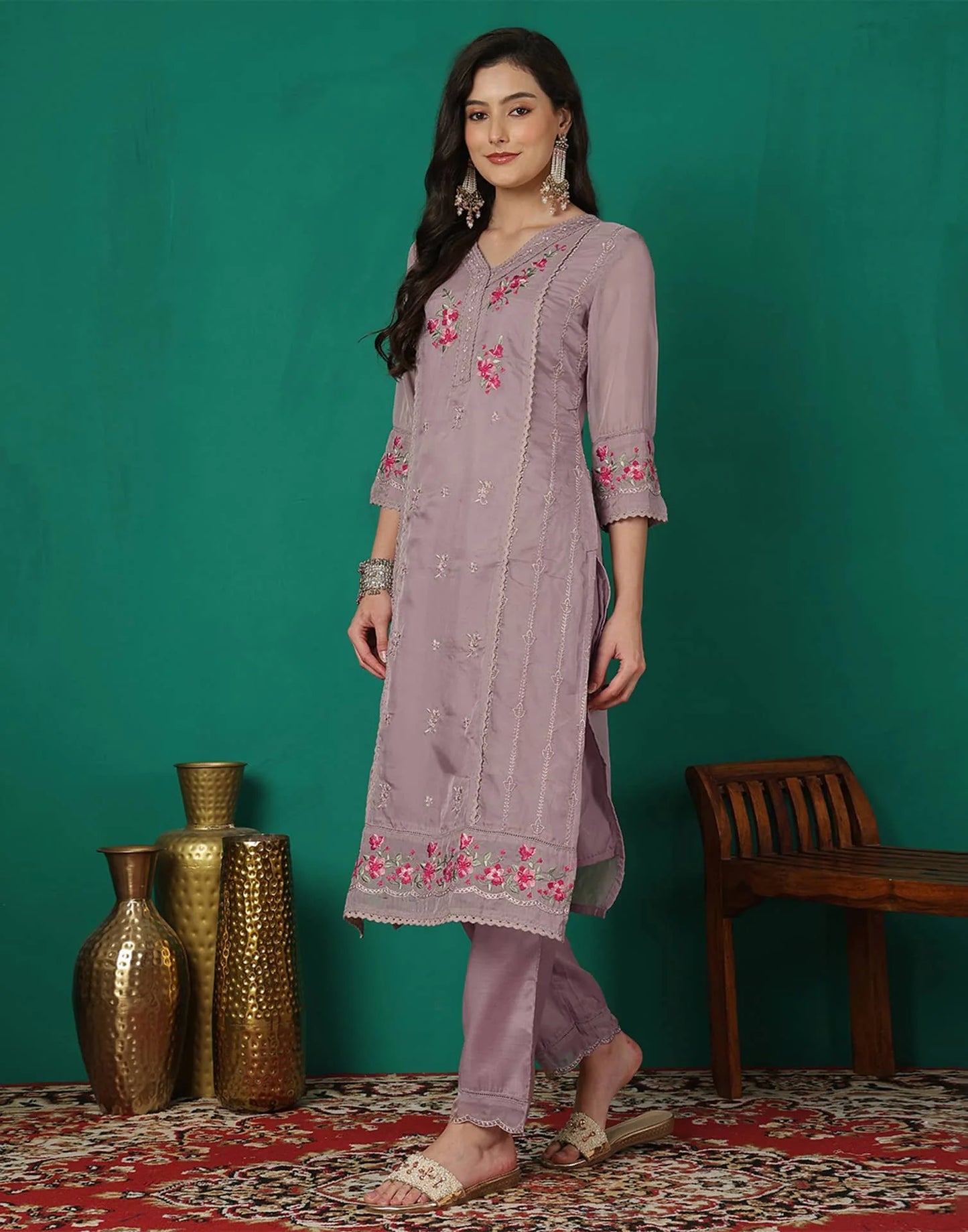 Purple Silk Blend Embroidered Straight Kurta Set for Women with Pant and Dupatta