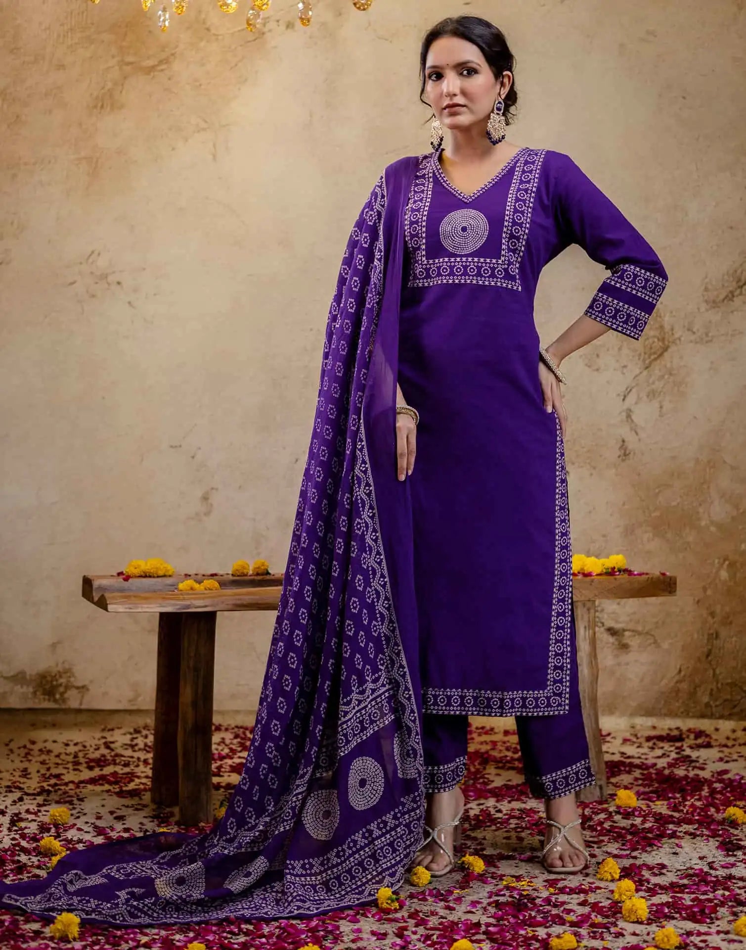 Affordable Purple Cotton Printed Straight Kurta Set Bandhani Print