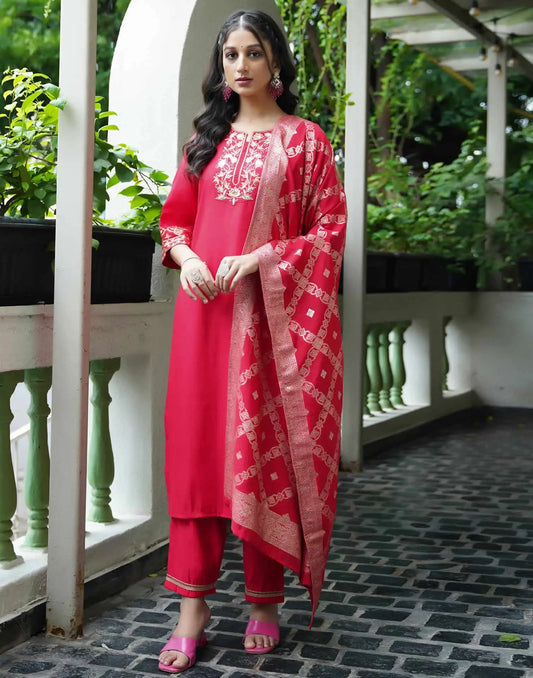 Silk Blend Embroidered Straight Kurta with Pant & Dupatta