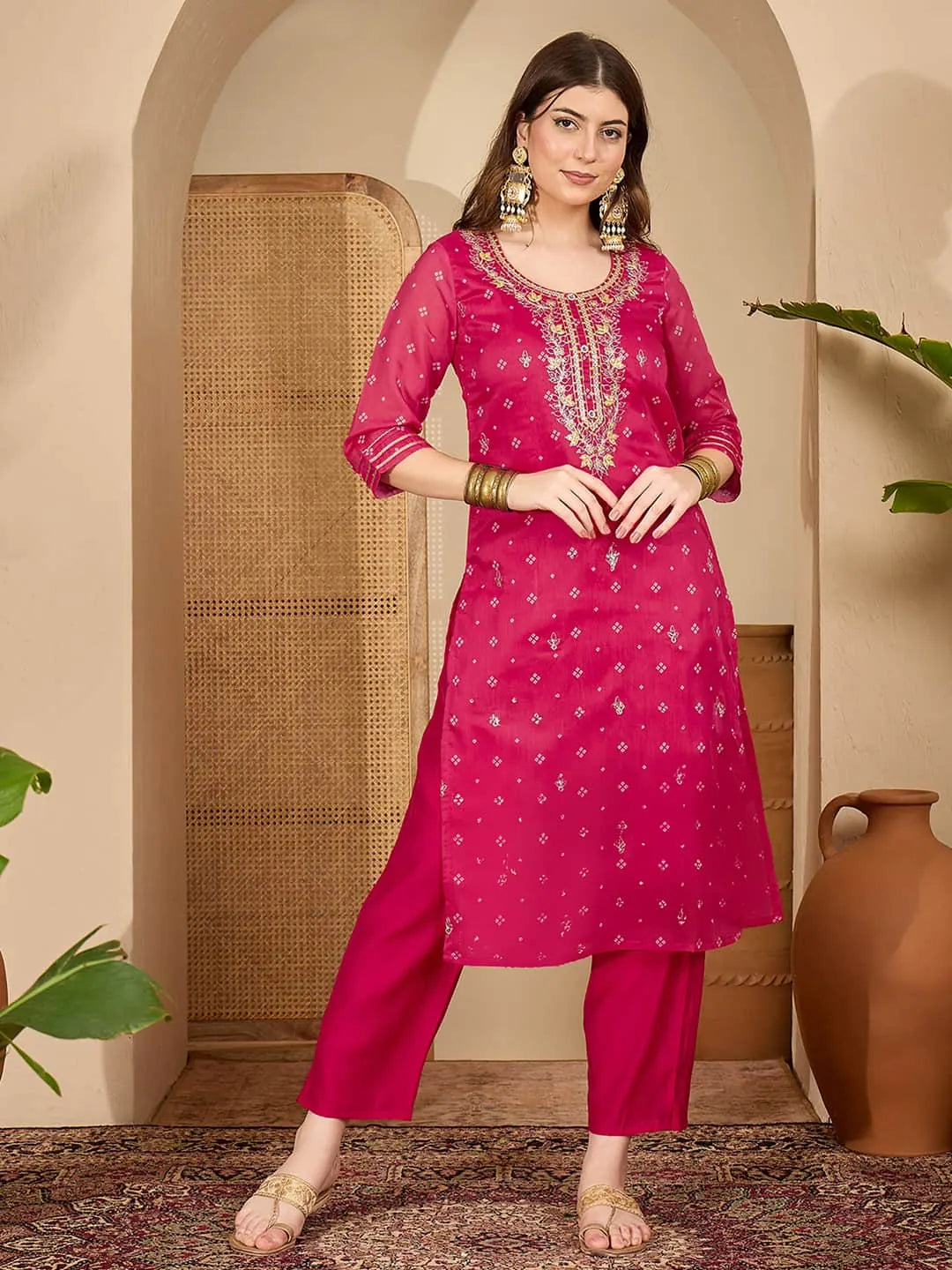 Pink Silk Bandhani Printed Straight Kurta Set with Pant & Dupatta under 1299