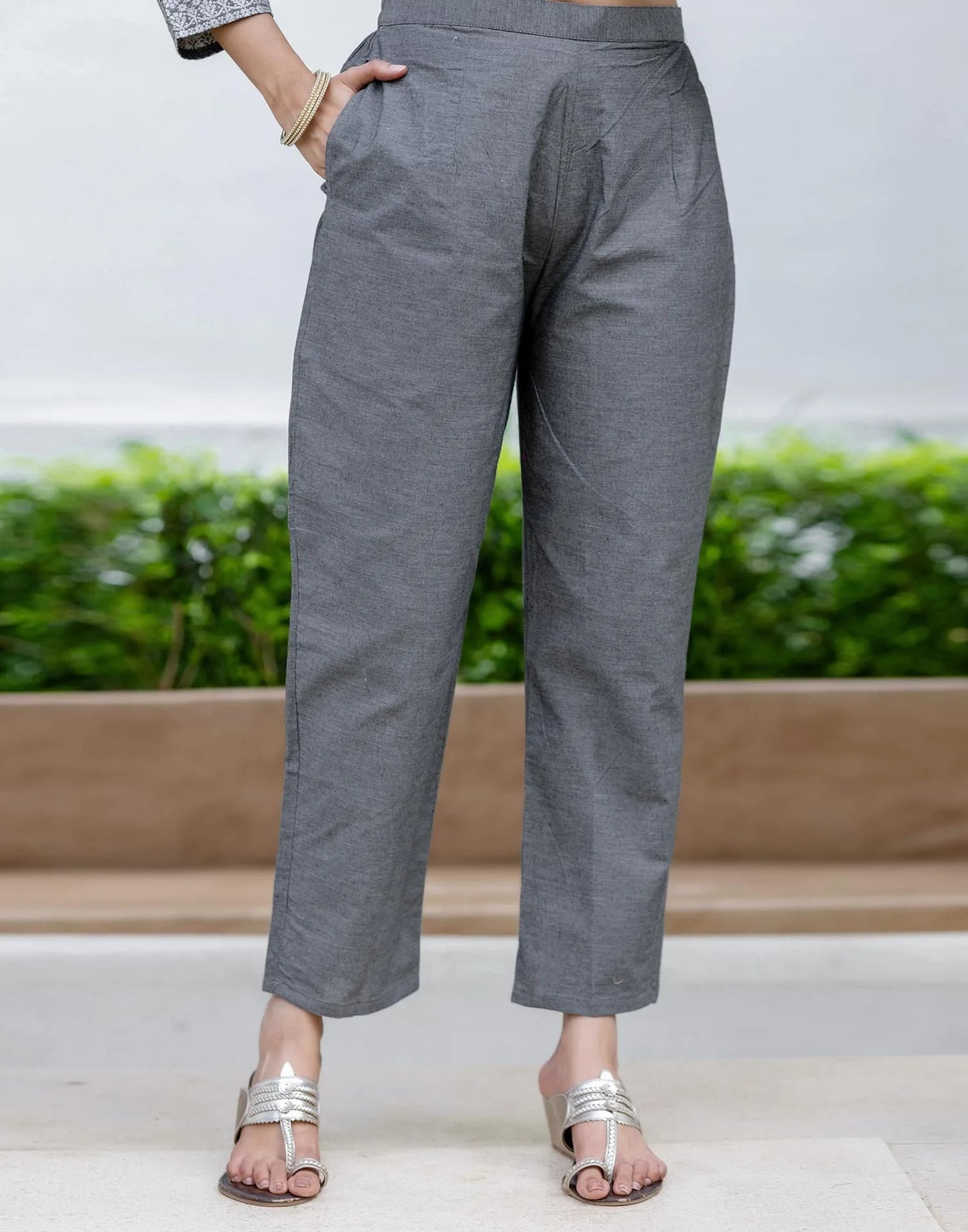 Grey Cotton Woven Straight Kurta Set with Pant & Dupatta under 1250 