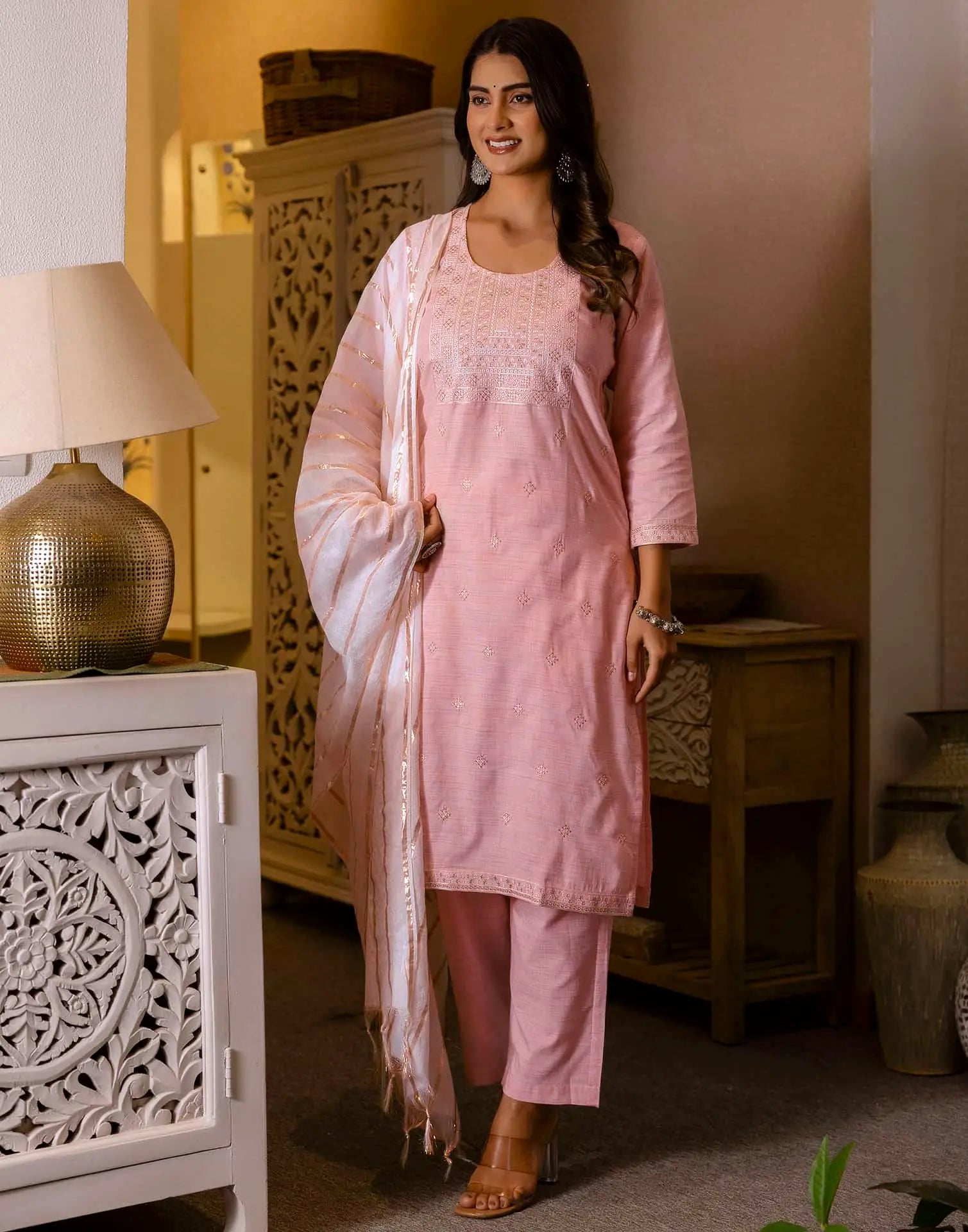 Pink Cotton Woven Design Straight Kurta Set for Women with Pant and Dupatta