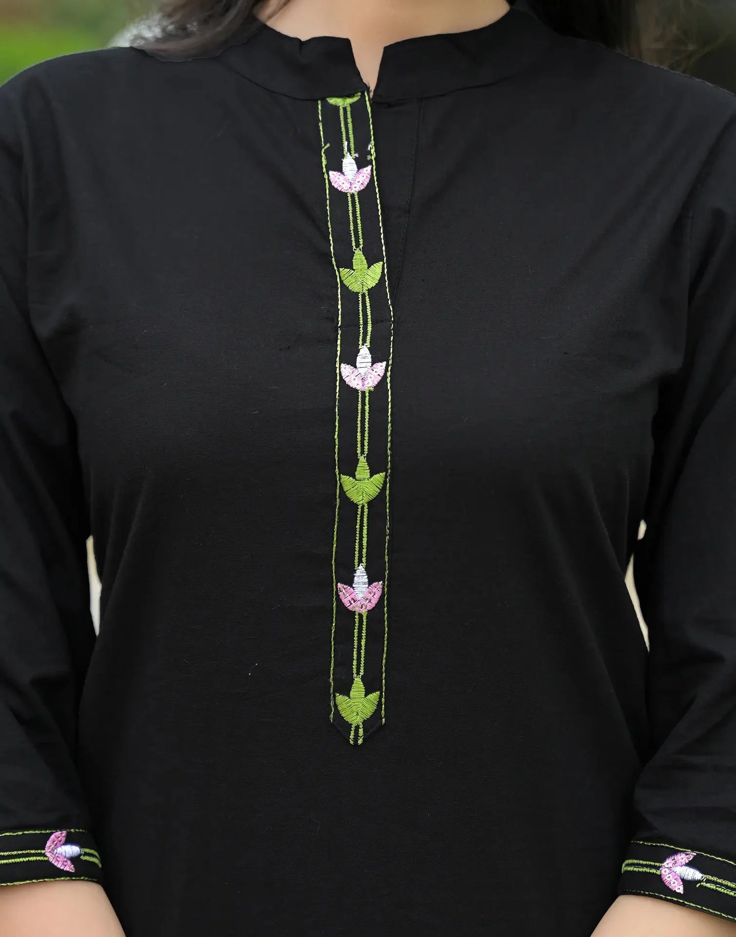 Cotton Embroidered Mandarin Collar Straight Kurta with Pant & Dupatta