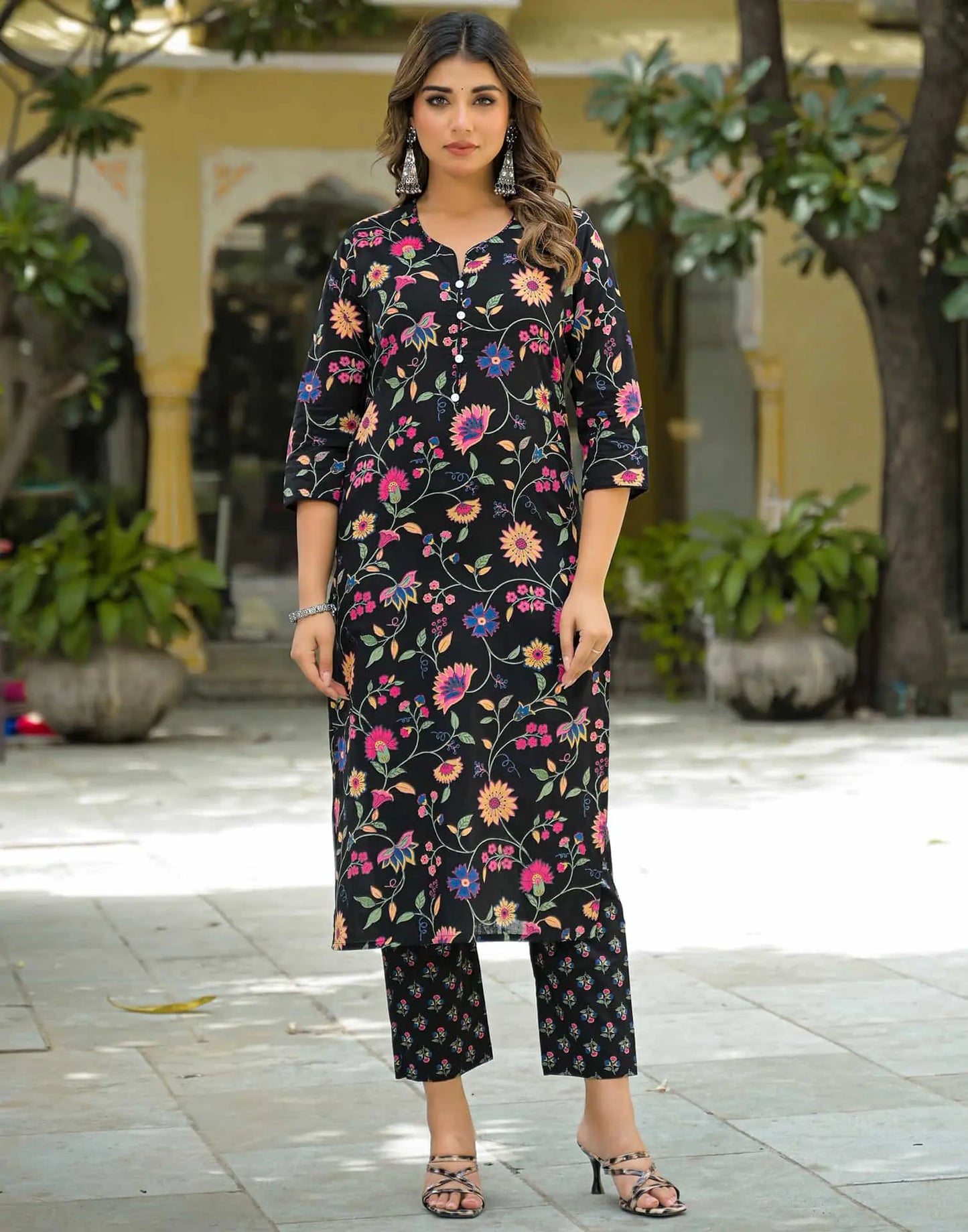 Cotton Straight Printed Round Neck Kurta with Pant & Dupatta