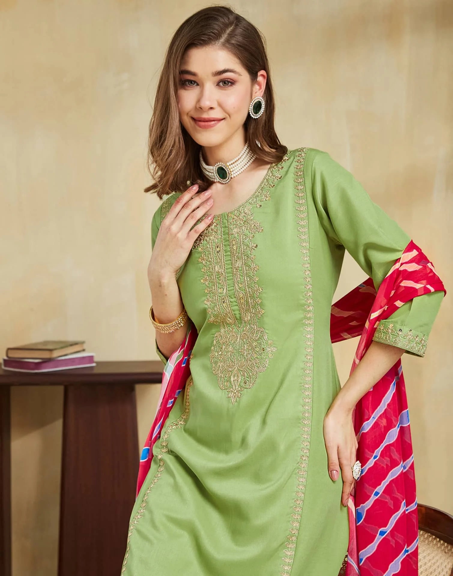 Light Green Cotton Embroidered Straight Kurta Set with Pant & Dupatta for Women