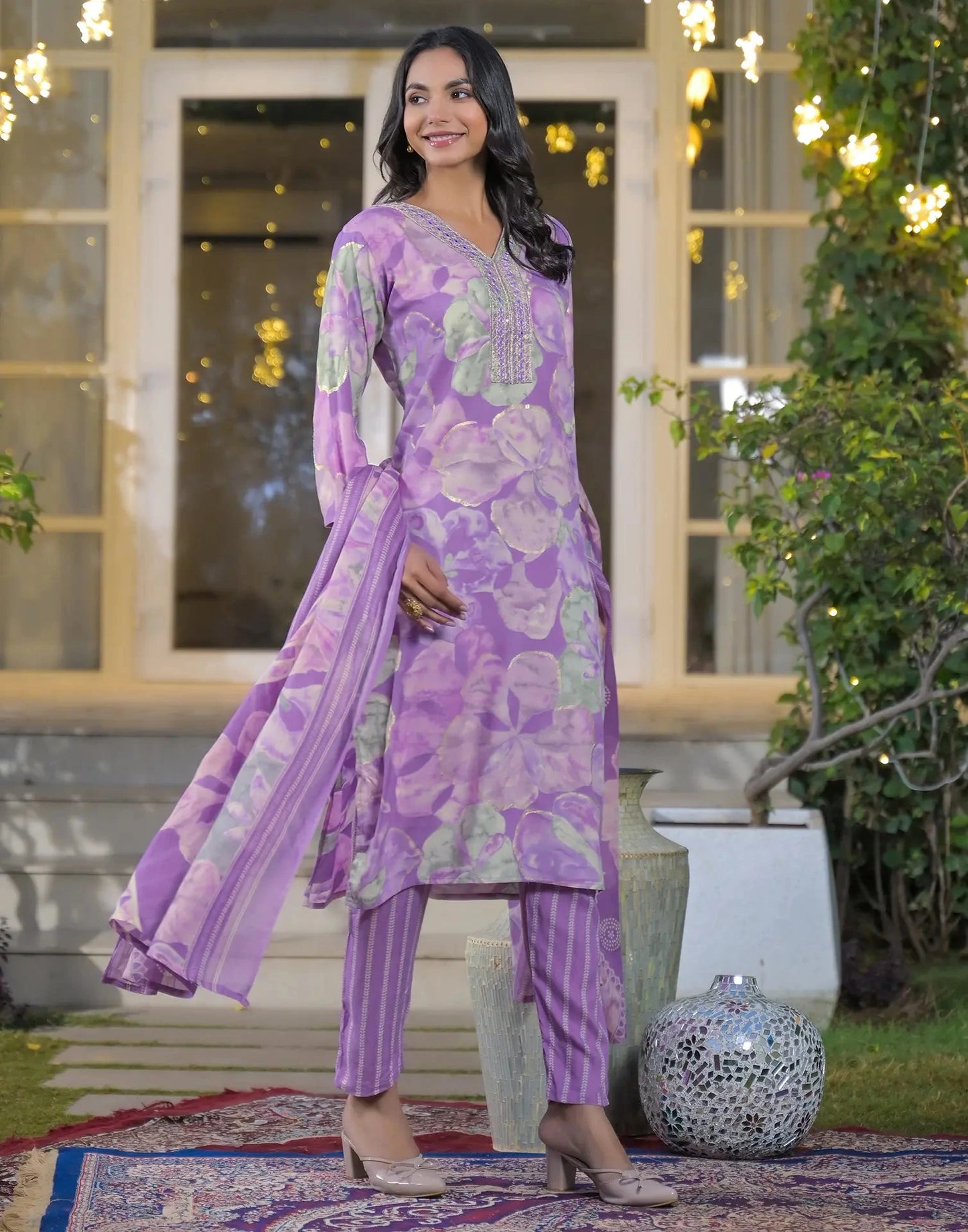 Rayon Printed V-Neck Straight Kurta with Pant & Dupatta